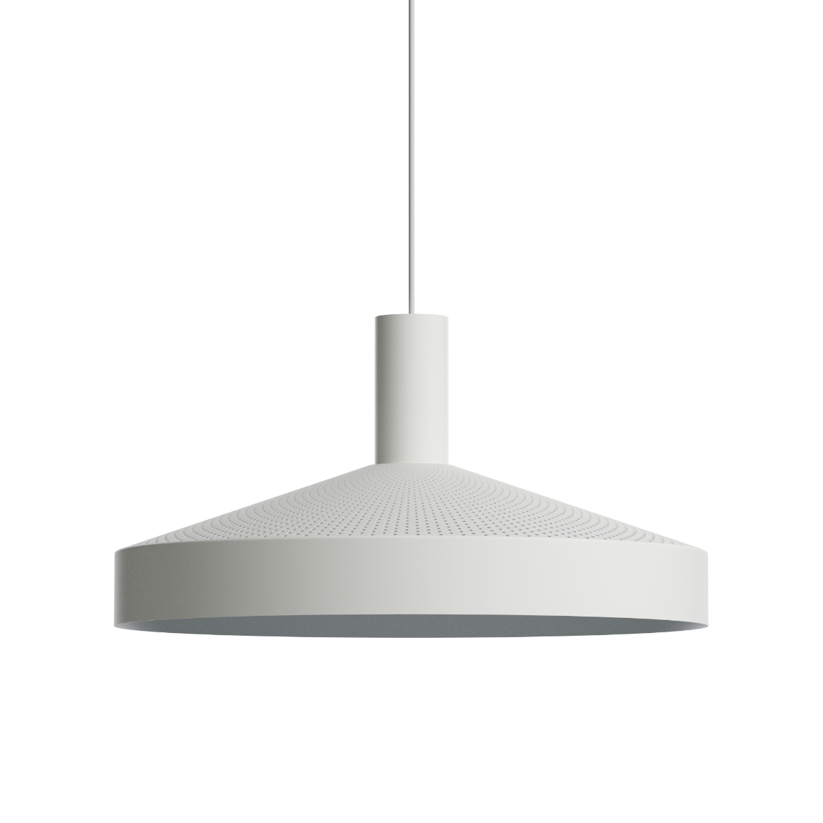Hvit Dawn Pendant Ø40 lampe i aluminium med perforert topp og rund form, innendørs belysning.
