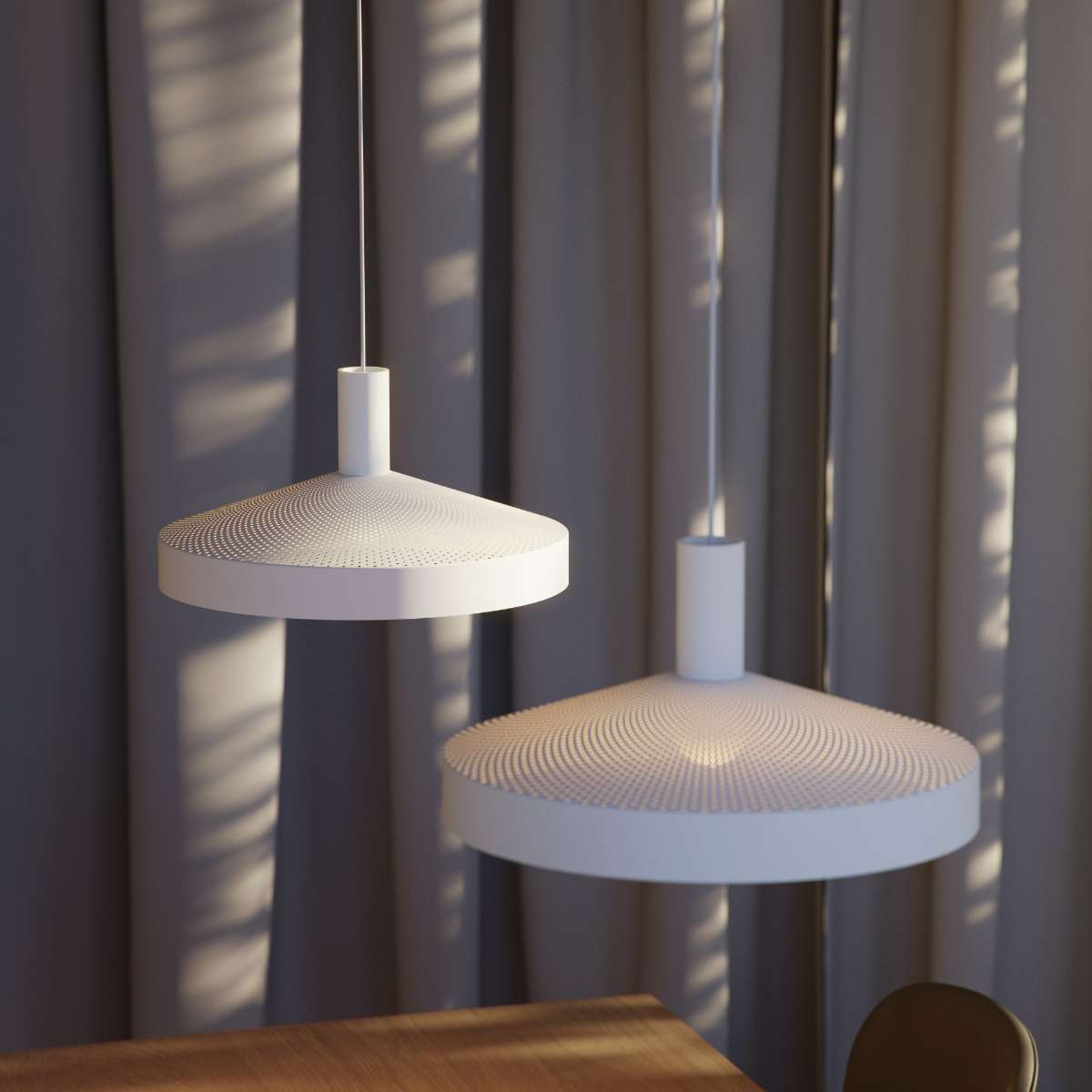 Hvit Dawn Pendant Ø40 lampe i aluminium med perforert topp og hvit innerskjerm, hengende innendørs.
