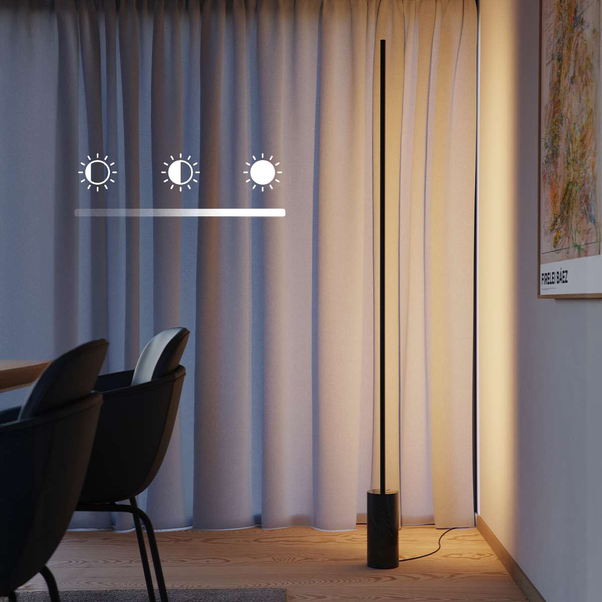 SACKit Expo 185 svart gulvlampe med slank aluminiumsprofil og marmorfot, oppadrettet frostet LED-stripe.