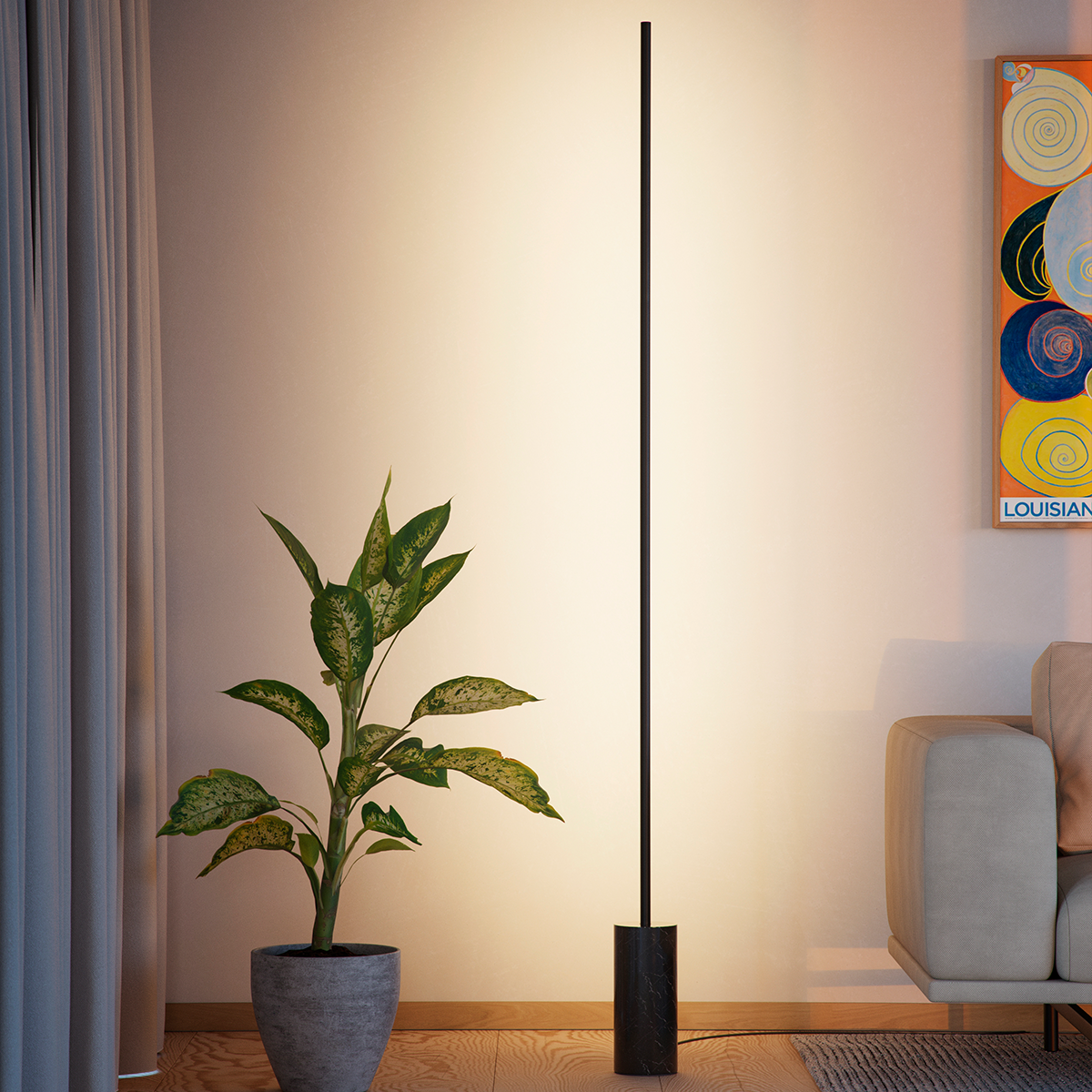 SACKit Expo 185 gulvlampe i svart aluminium med marmorfot og vertikal frostet LED-stripe.