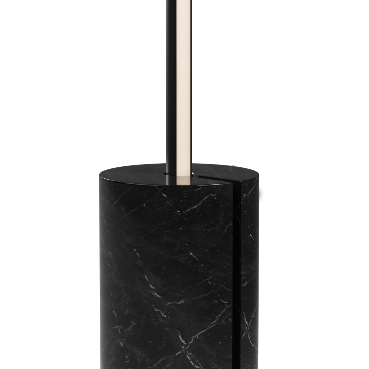 SACKit Expo 185 svart gulvlampe med slank aluminiumsprofil og marmorfot, vertikal frostet LED-stripe.