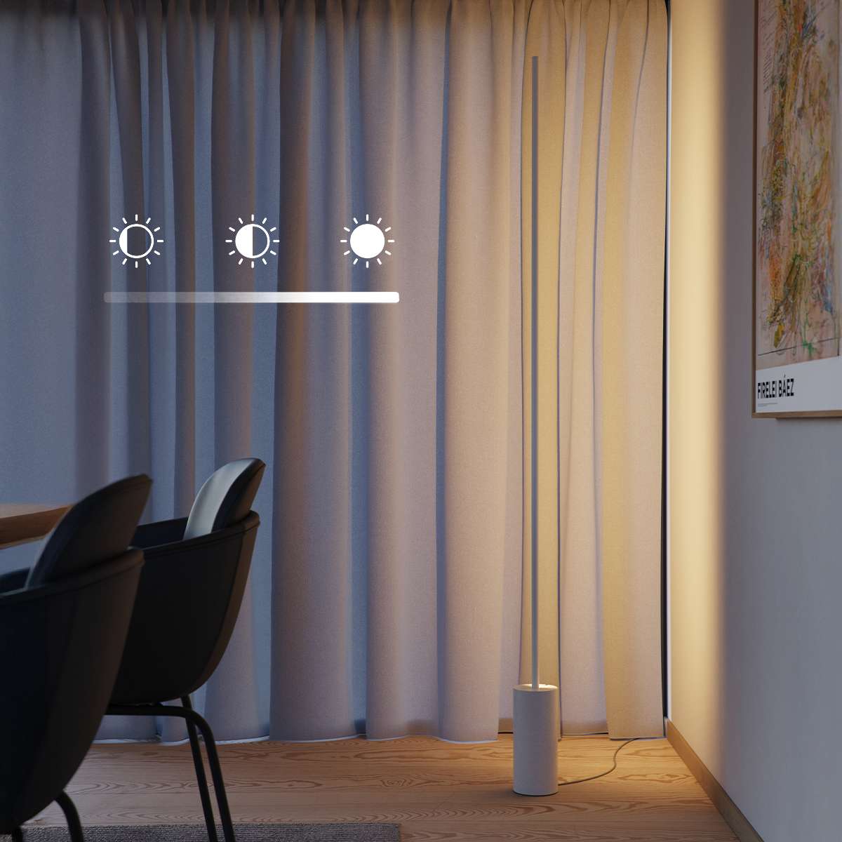 Hvit SACKit Expo 185 gulvlampe med slank aluminiumsprofil og marmorfot med frostet LED-stripe.