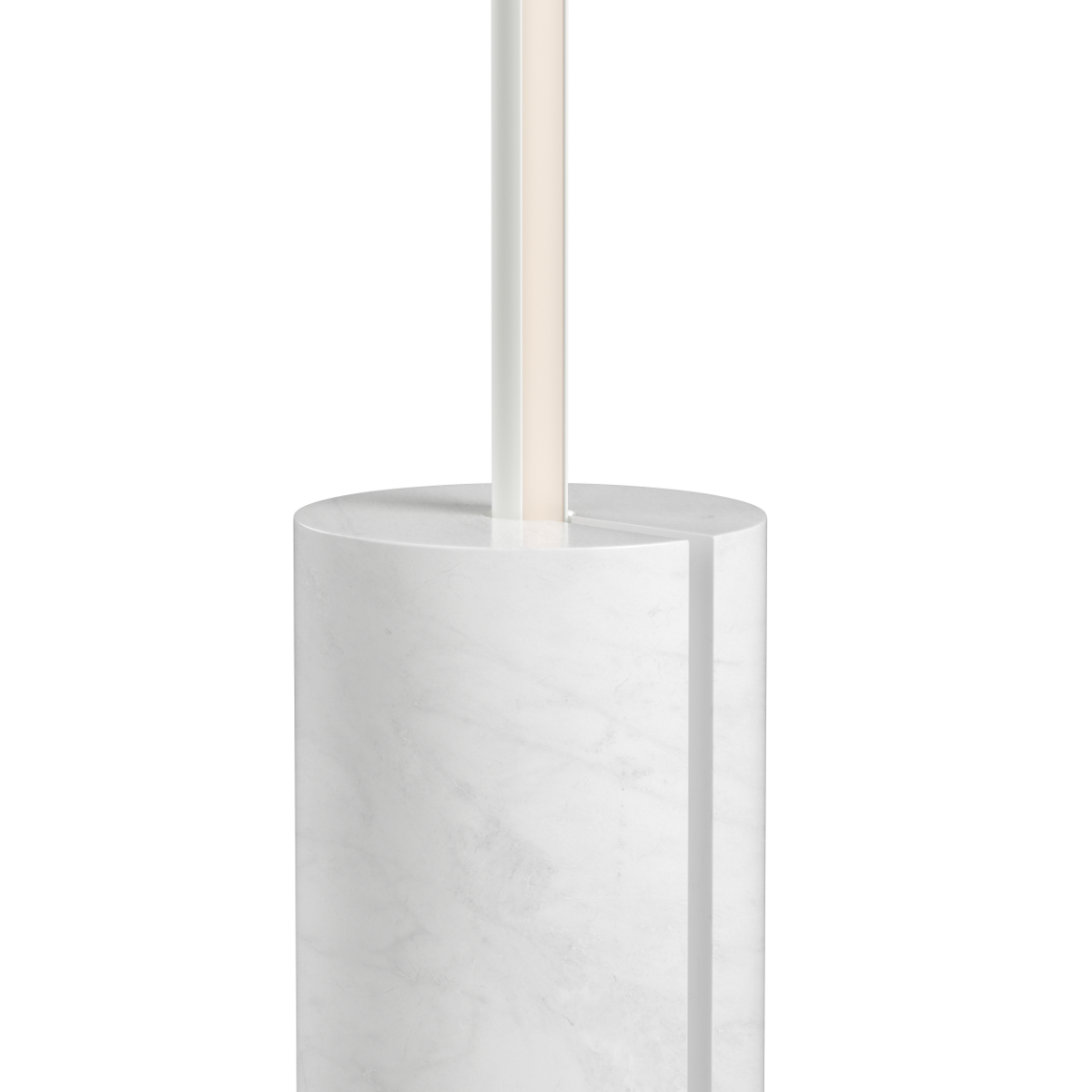 SACKit Expo 185 gulvlampe i hvit med slank aluminiumsprofil og marmorfot, vertikal frostet LED-stripe.