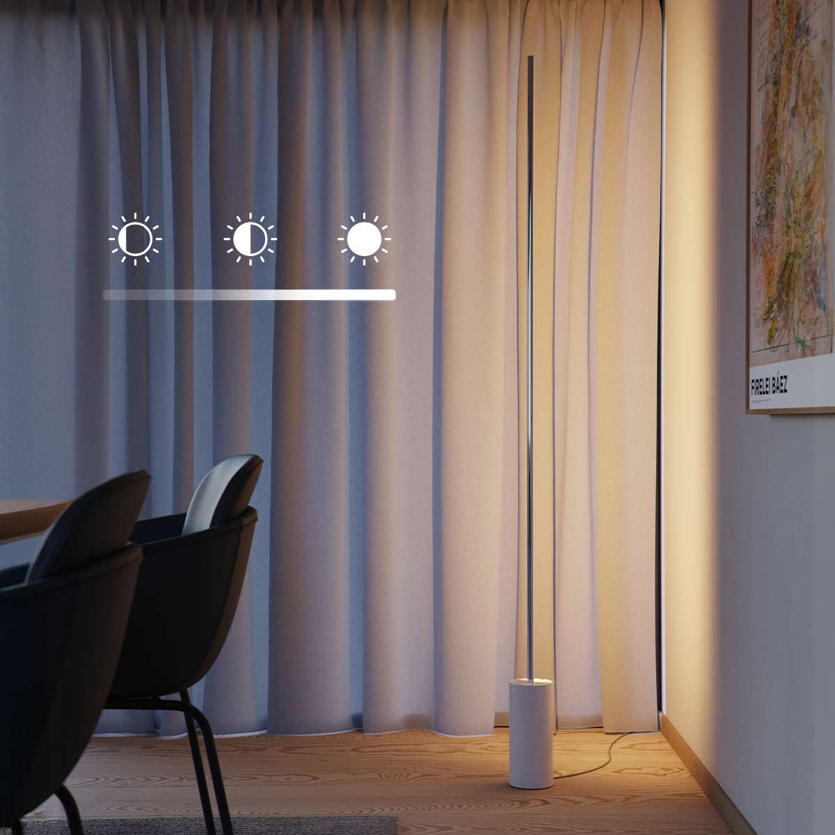 SACKit Expo 185 gulvlampe med polert aluminiumsprofil, marmorfot og frostet LED-stripe i minimalistisk design.