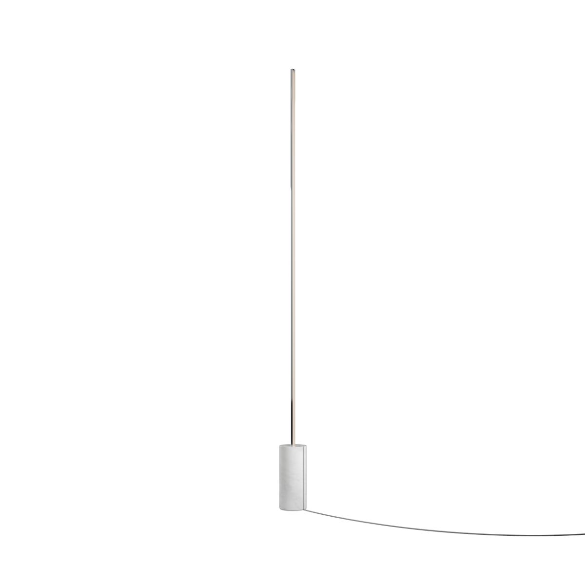 SACKit Expo 185 gulvlampe med polert marmorfot og vertikal frostet LED-stripe i aluminium.