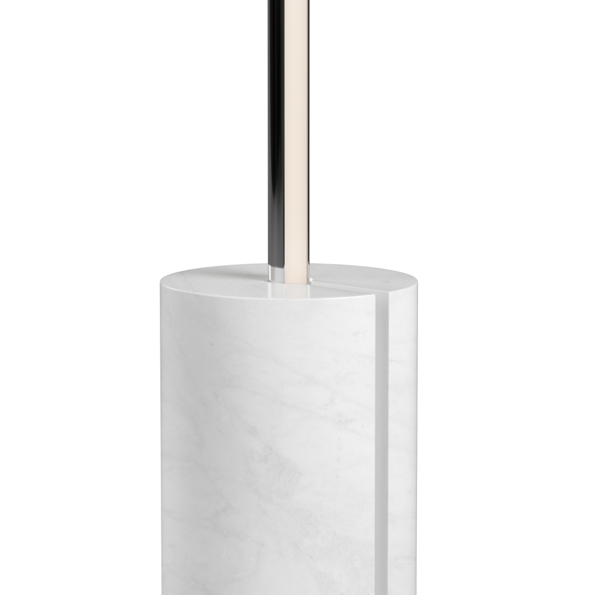 SACKit Expo 185 gulvlampe med polert marmorfot og slank aluminiumskropp, frostet LED-stripe.