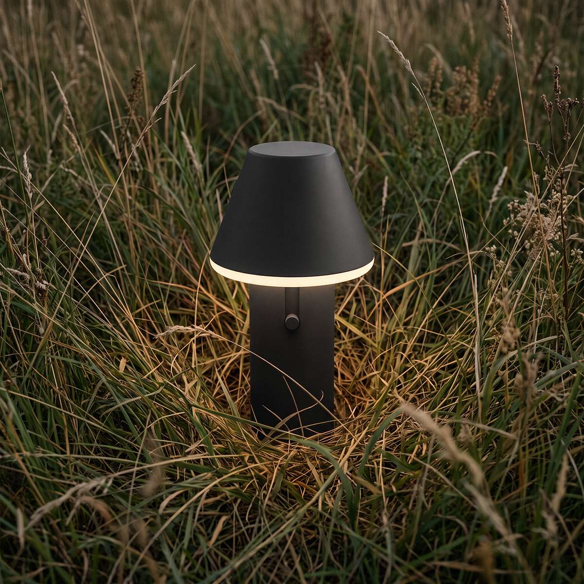 Trådløs sort bordlampe fra sackit med mykt lys langs skjermkanten plassert i høyt gress utendørs