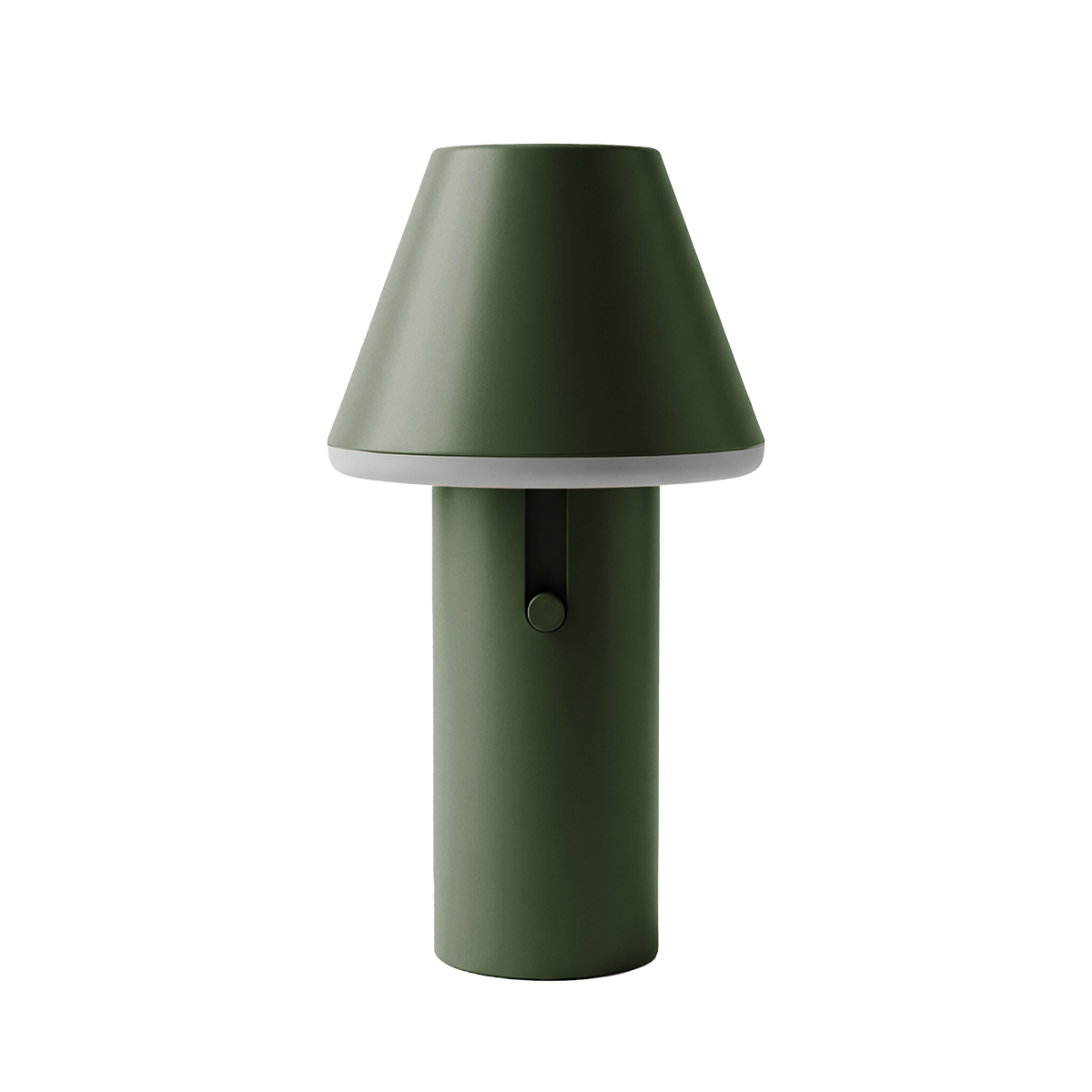 Grønn trådløs bordlampe med kjegleformet skjerm og sylindrisk fot fra sackit for innendørs og utendørs bruk