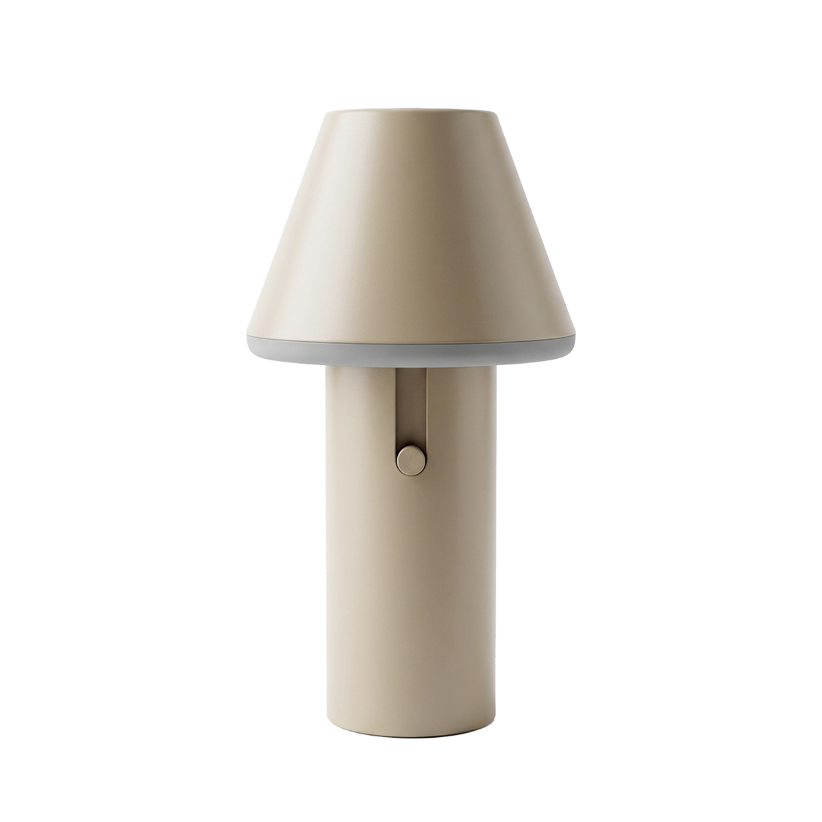 Beigefarget trådløs bordlampe med konisk skjerm og sylindrisk fot i pulverlakkert aluminium fra sackit til innendørs og utendørs bruk