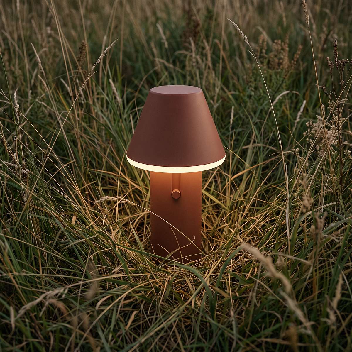 Brun trådløs bordlampe med varmt lys plassert i høyt gress utendørs fra sackit for nordisk værbestandig belysning