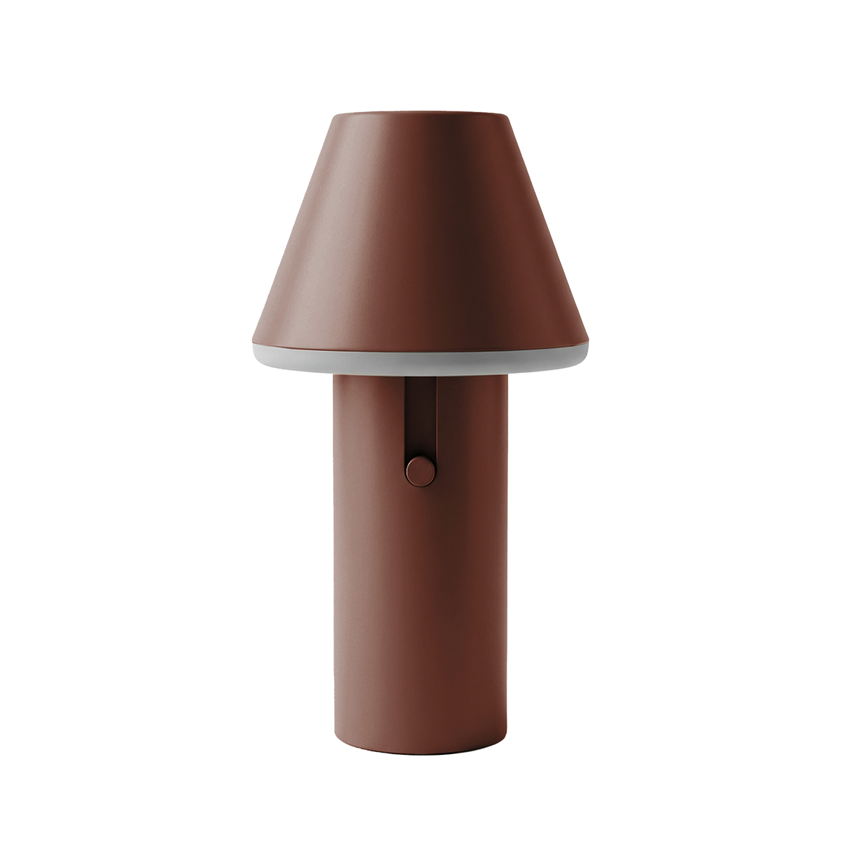 Brun konisk trådløs bordlampe fra sackit Norway i pulverlakkert aluminium med mykt lys langs kanten og enkel knapp på fronten