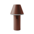 Brun konisk trådløs bordlampe fra sackit Norway i pulverlakkert aluminium med mykt lys langs kanten og enkel knapp på fronten