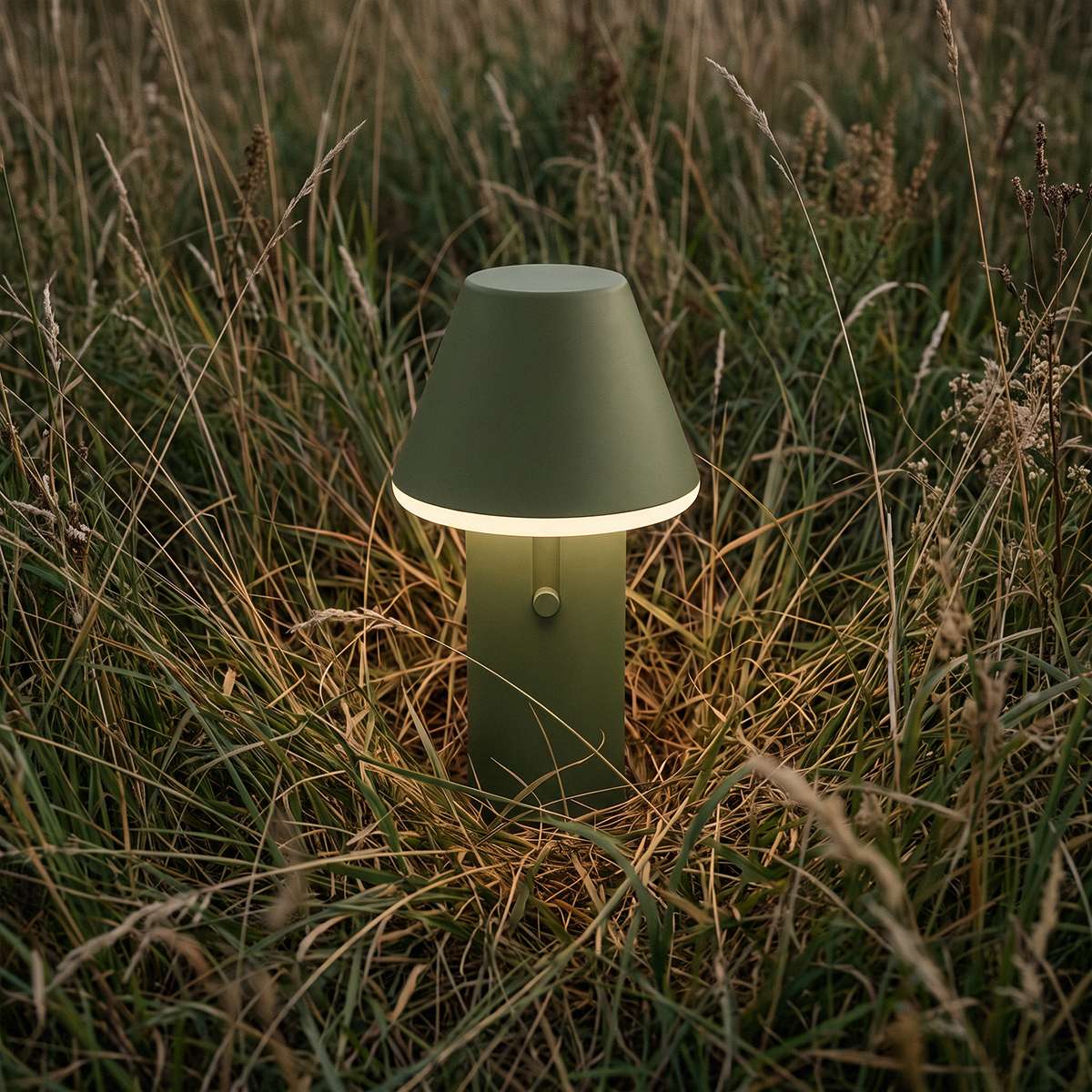Grønn trådløs bordlampe fra sackit med kjegleformet skjerm lyser varmt blant høyt gress utendørs og passer til nordisk vær