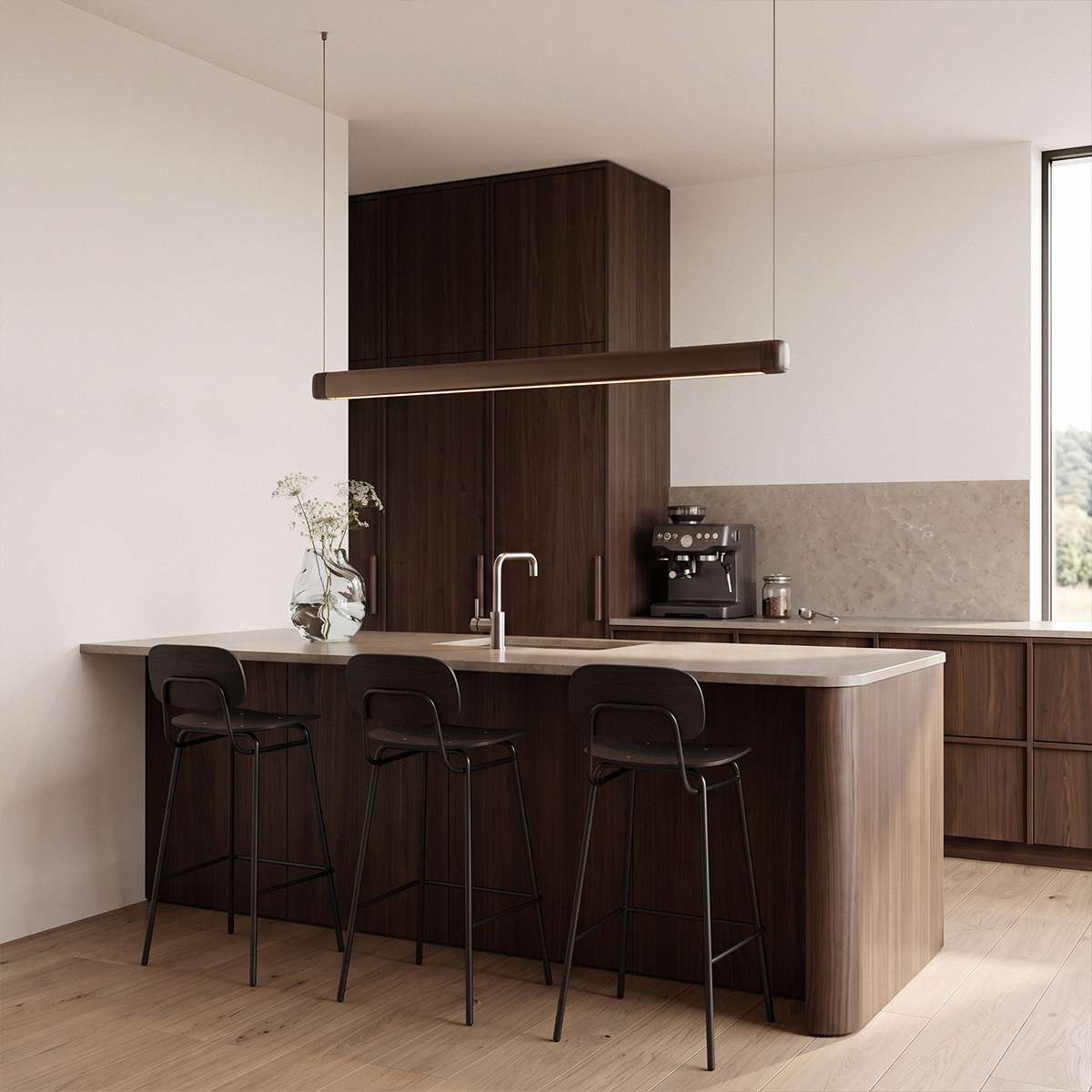 Pebble pendellampe i bronse over et spisebord