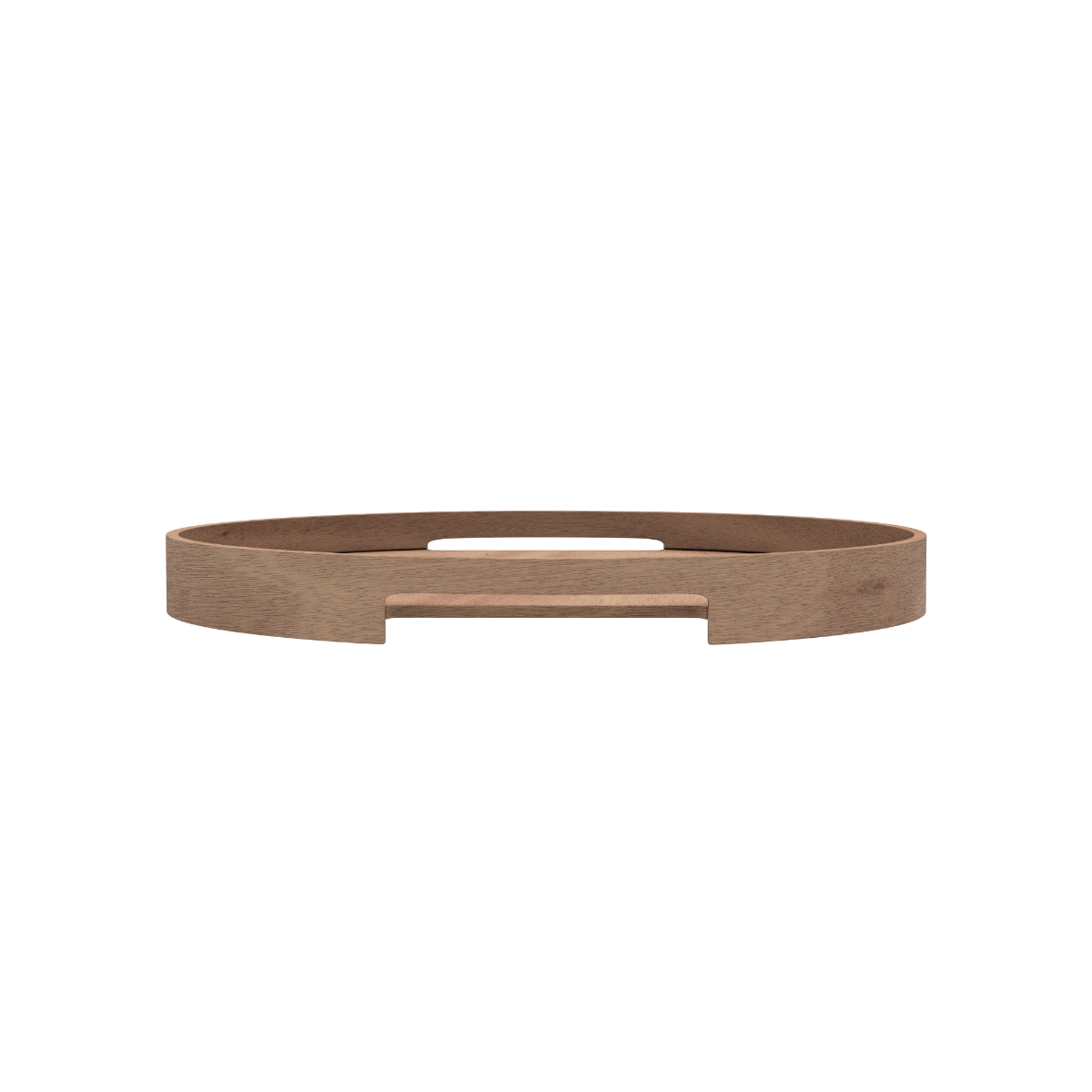 Rundt serveringsbrett i naturlig eikefinér med høy kant og skjulte håndtak, diameter 50 cm.