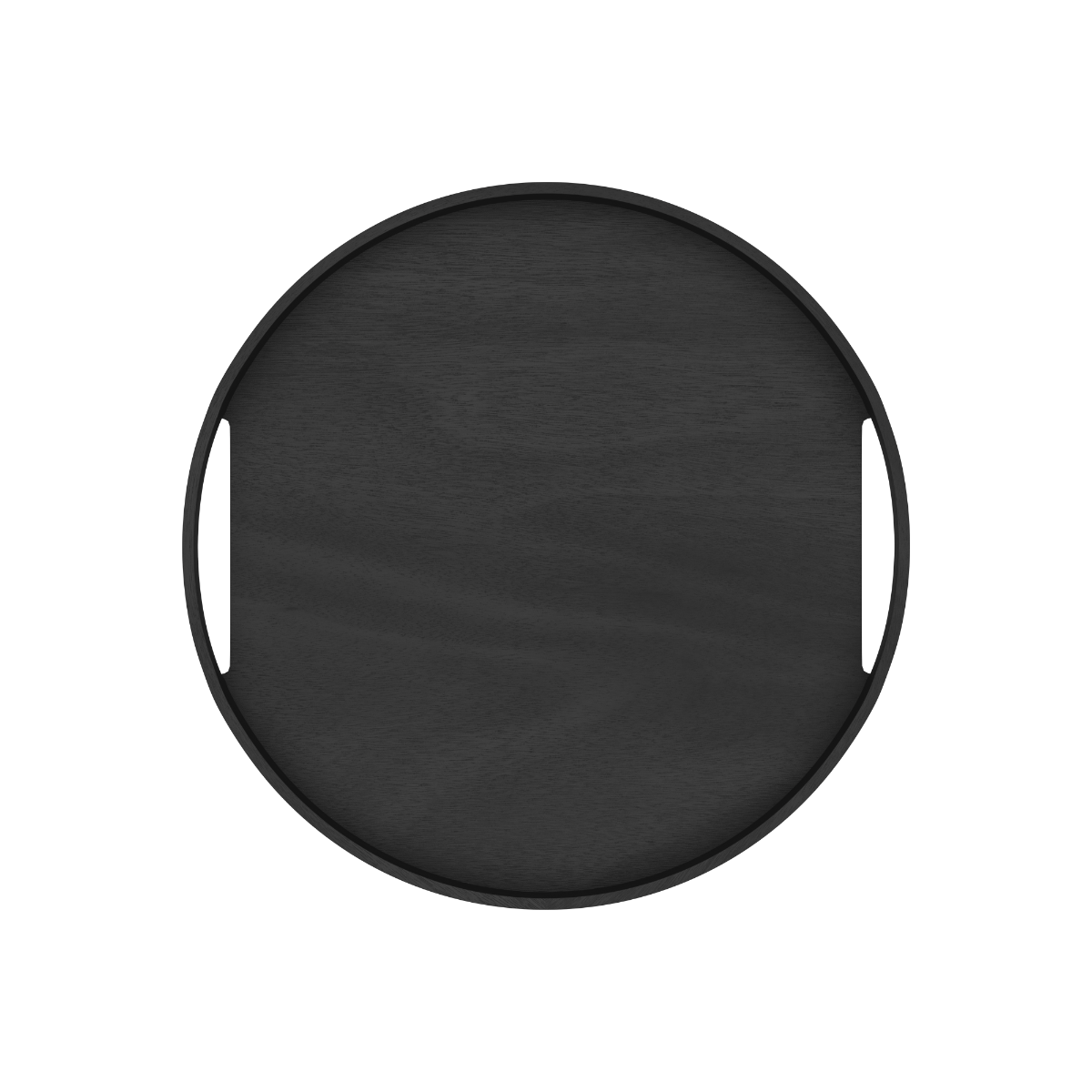 Rundt serveringsbrett i naturlig eikefinér med høy kant og skjulte håndtak, diameter 50 cm.