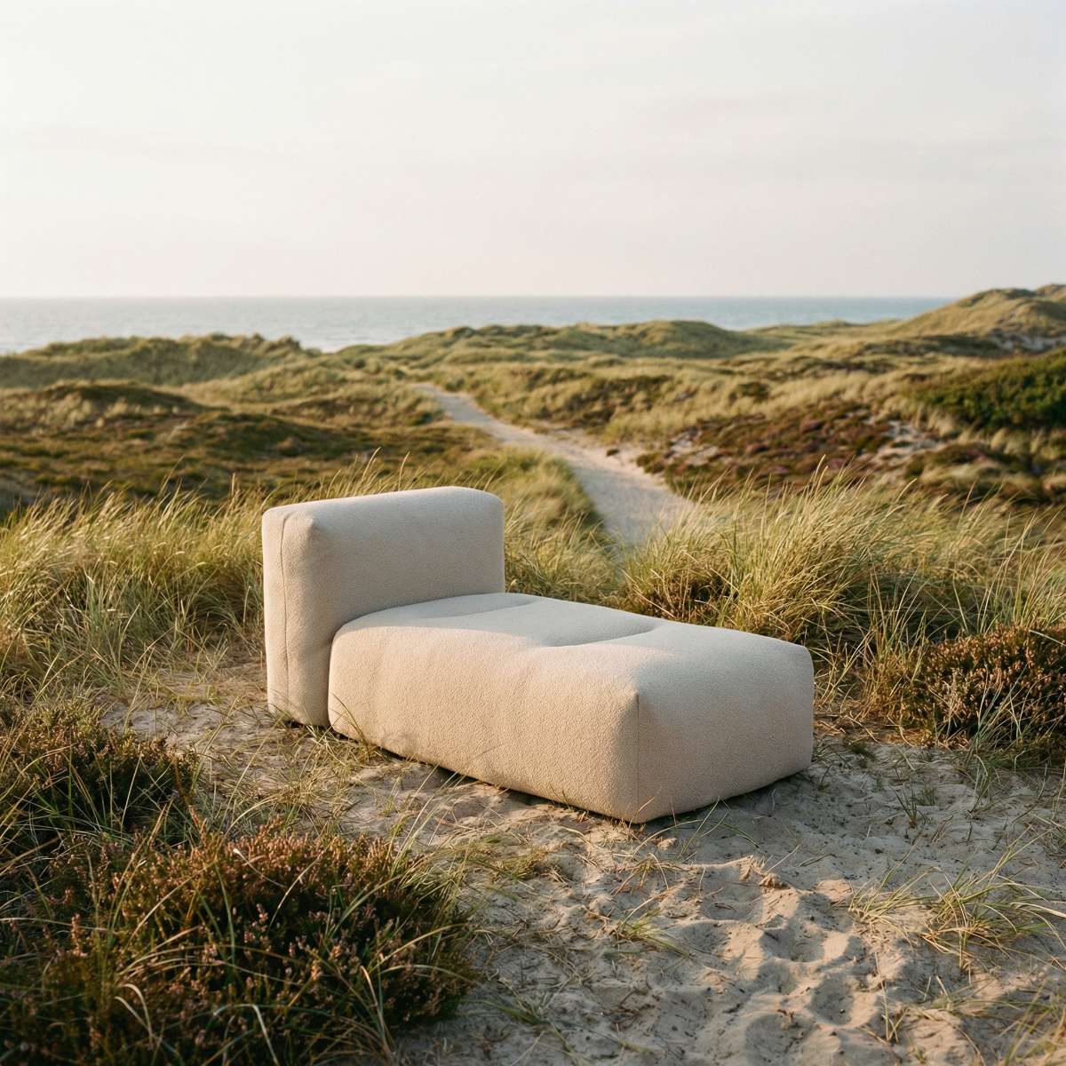 Soft Sofa Outdoor lounger i beige boucle stoff med myk, lav profil og bred sittedel for utebruk.