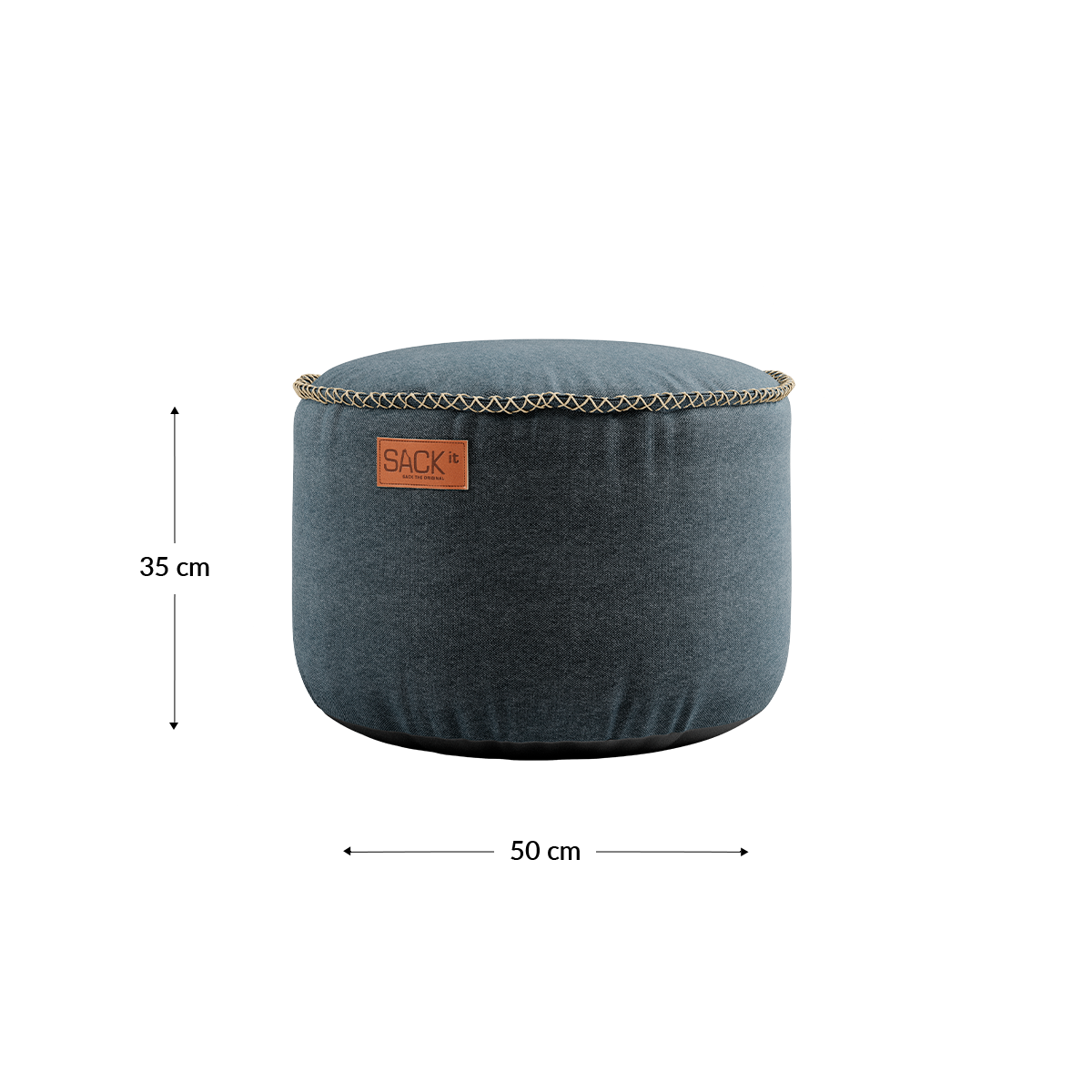 Canvas Pouf i petrolfarget lerret med håndsydde linsting, rund puff i dansk design.
