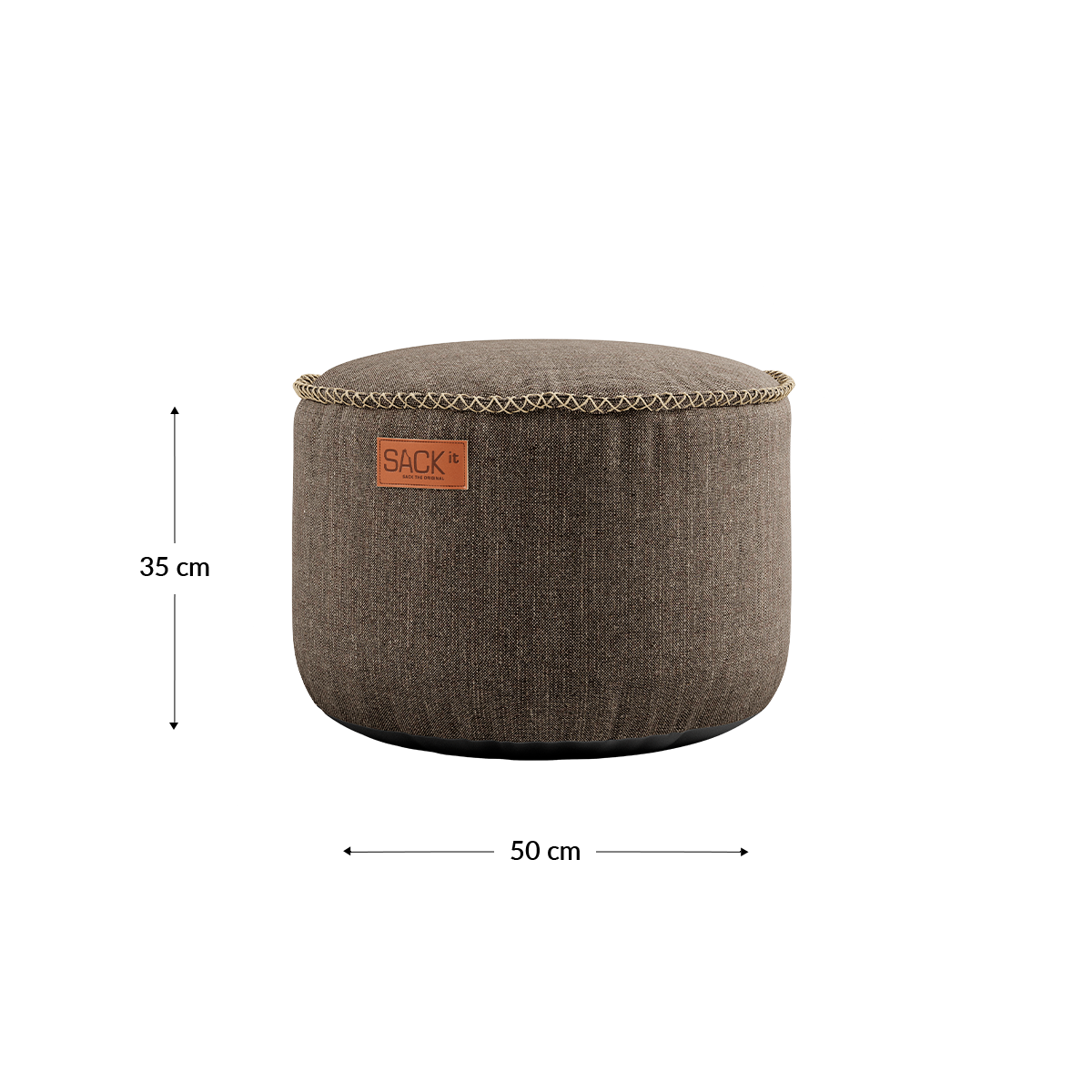 Rund Cobana Pouf i grått, vannavstøtende stoff med håndsydde sømmer.