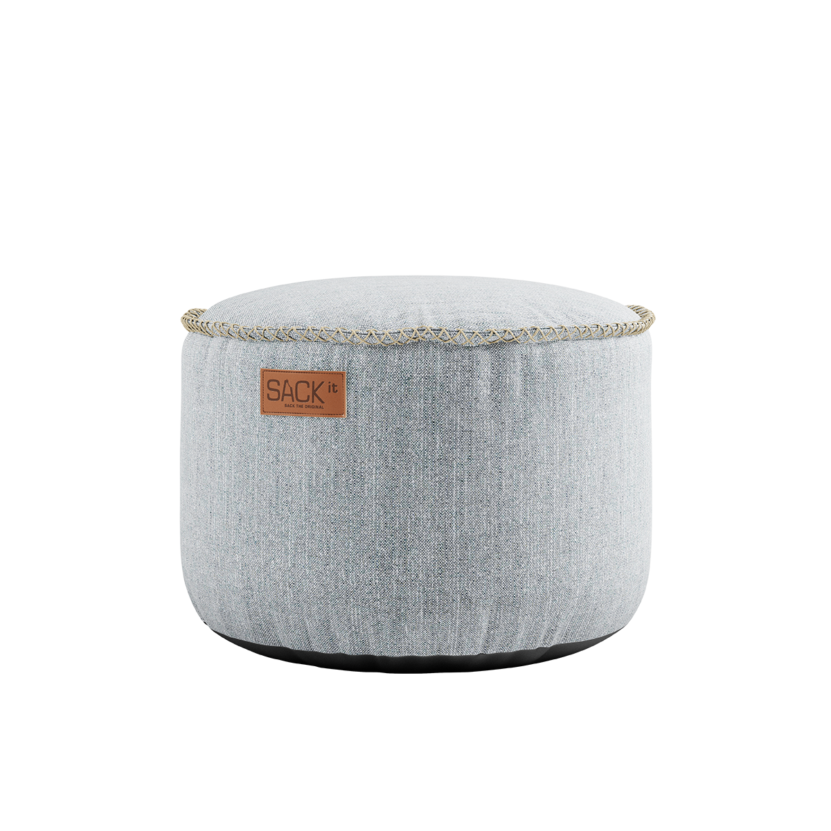 Rund Cobana Pouf i grått vannavstøtende stoff med håndsydde sømmer, 50x35 cm høyde.