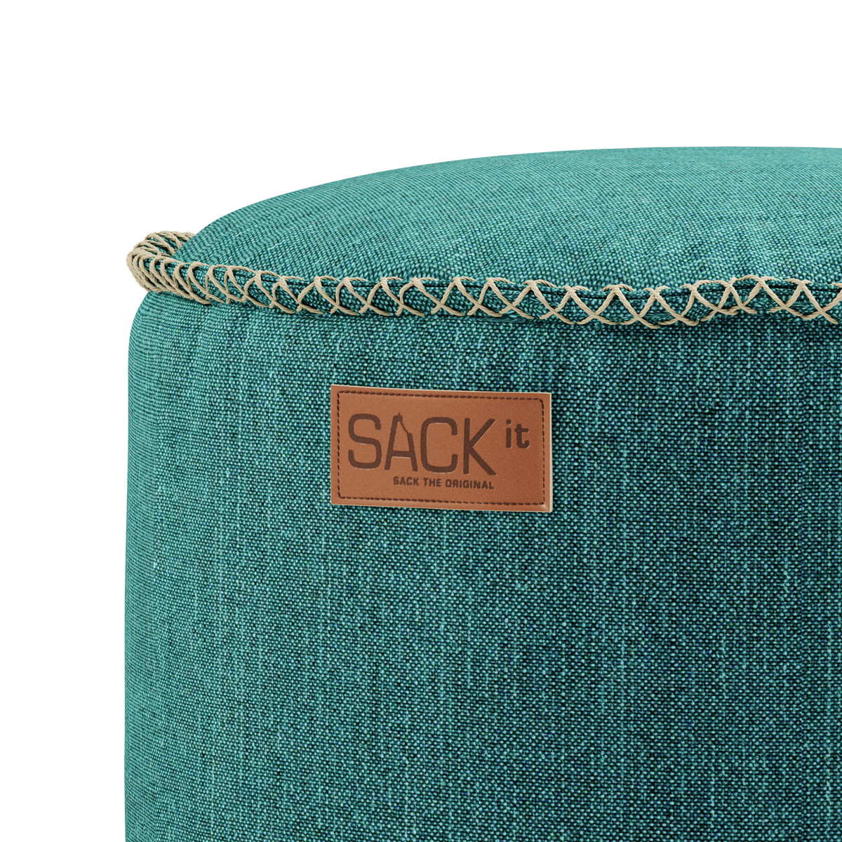 Rund Cobana Pouf i grått vannavstøtende stoff med håndsydde sømmer, 50x35 cm.
