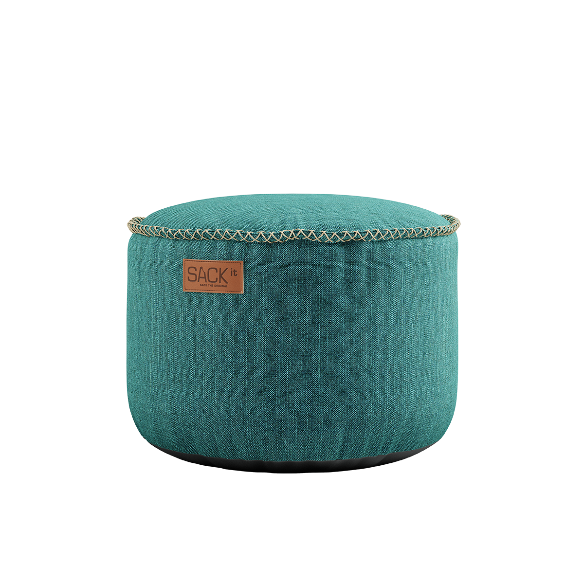 Rund Cobana Pouf i petrol melange stoff med håndsydde sømmer, 50x35 cm.