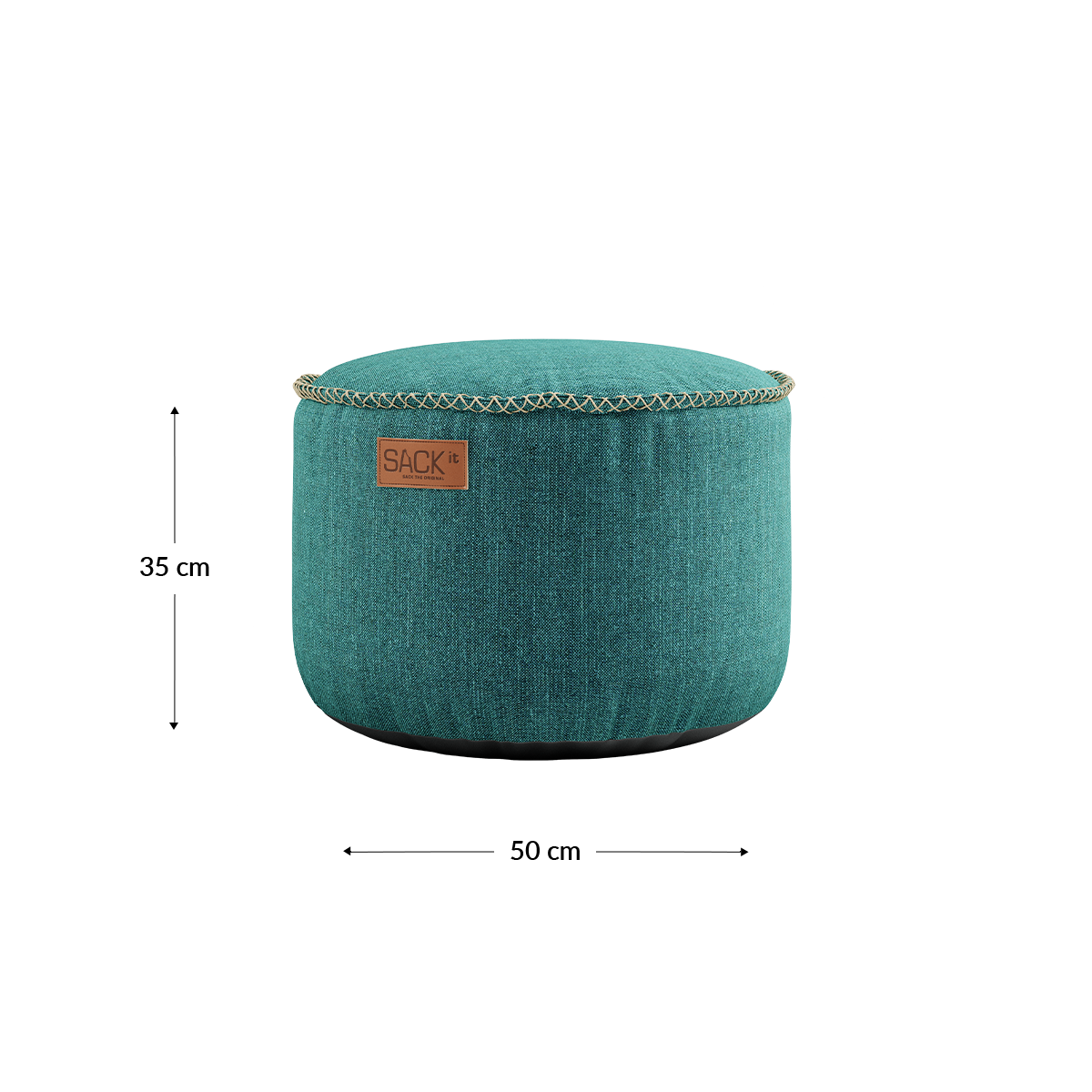 Rund Cobana Pouf i grått Cobana-stoff med håndsydde sømmer, 50 x 35 cm.