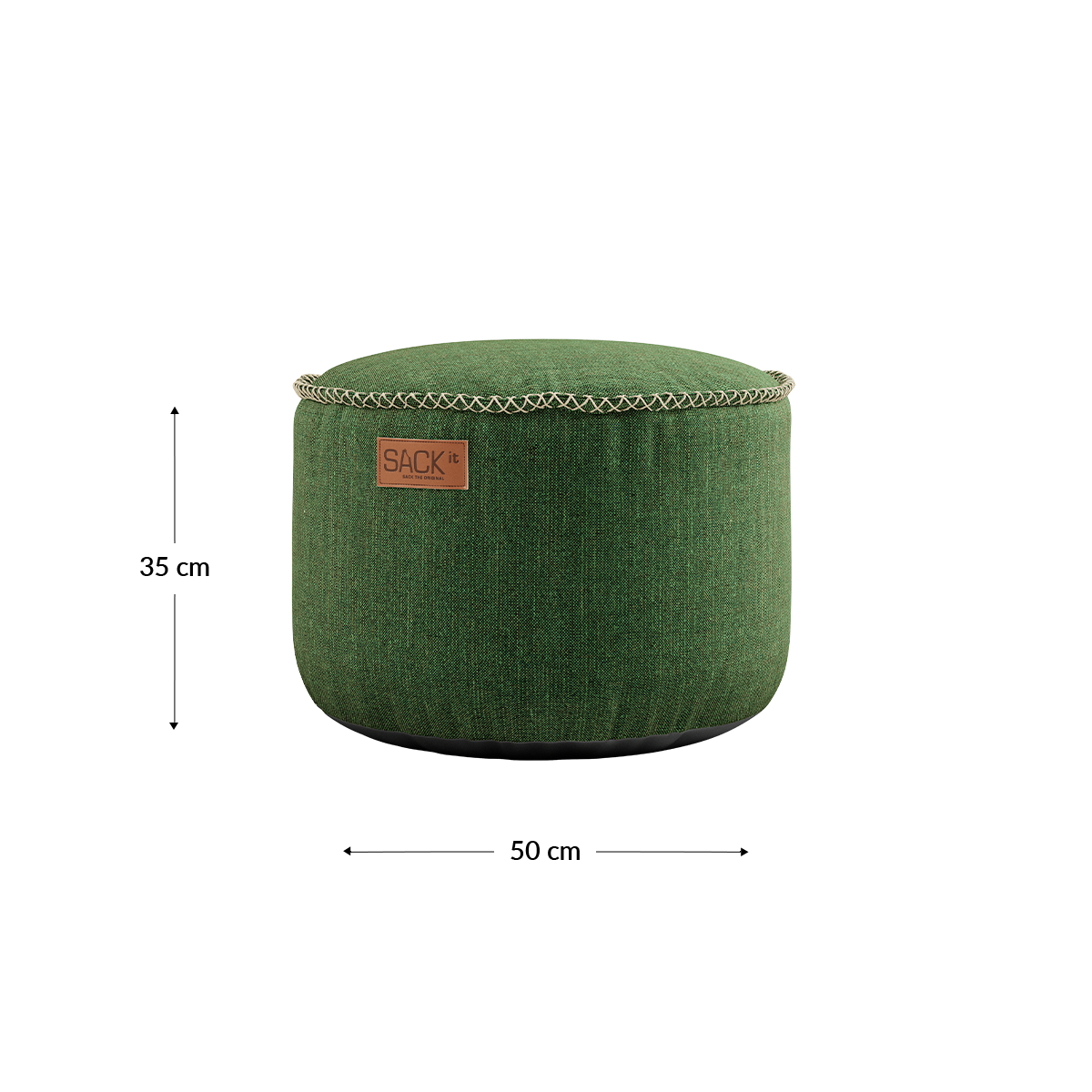 Rund Cobana Pouf i grått vannavstøtende stoff med håndsydde sømmer.