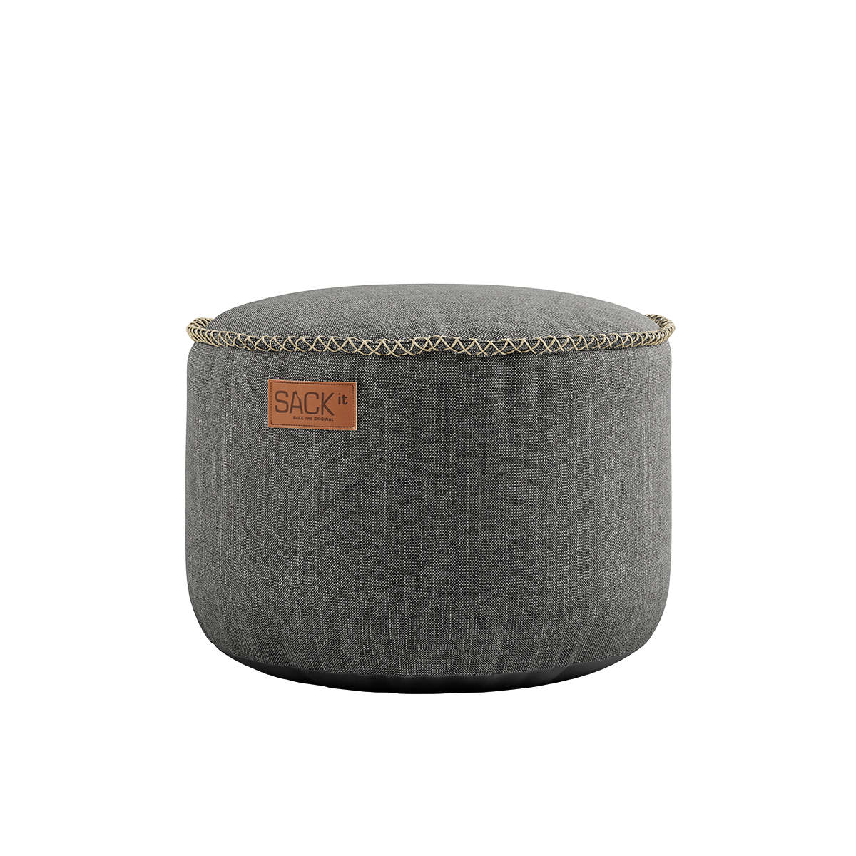 Rund Cobana Pouf i grått, vannavstøtende stoff med håndsydde sømmer.