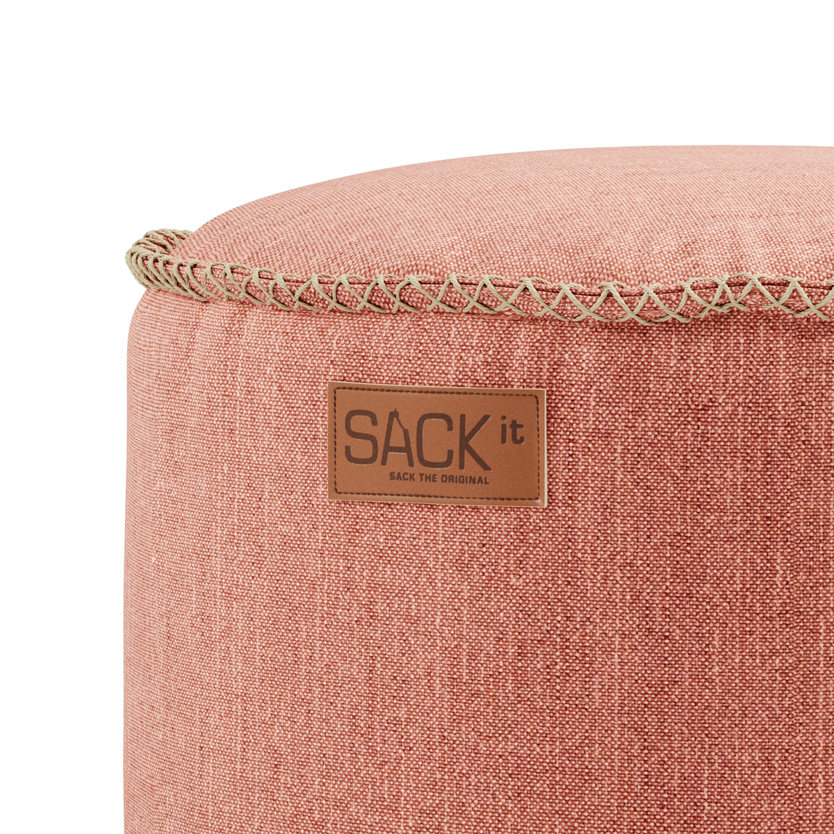 Rund Cobana Pouf i grått vannavstøtende stoff med håndsydde sømmer, 50 x 35 cm.