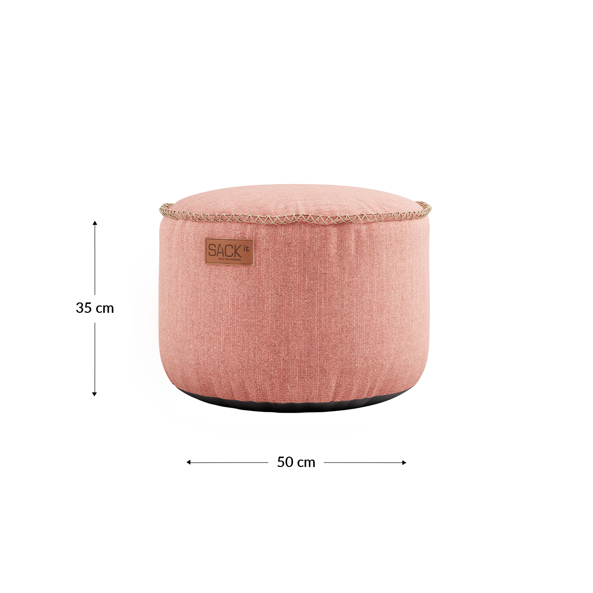 Rund Cobana Pouf i grått vannavstøtende stoff med håndsydde sømmer.