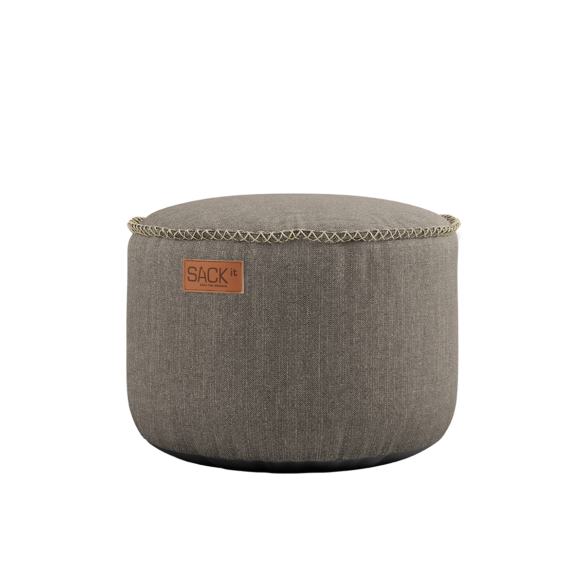Rund Cobana Pouf i taupe farge med vannavstøtende stoff og håndsydde sømmer.