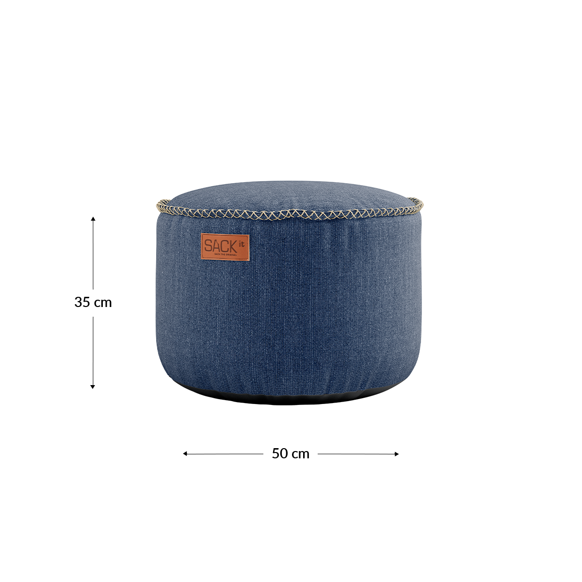 Rund Cobana Pouf i grått vannavstøtende stoff med håndsydde sømmer, 50x35 cm.