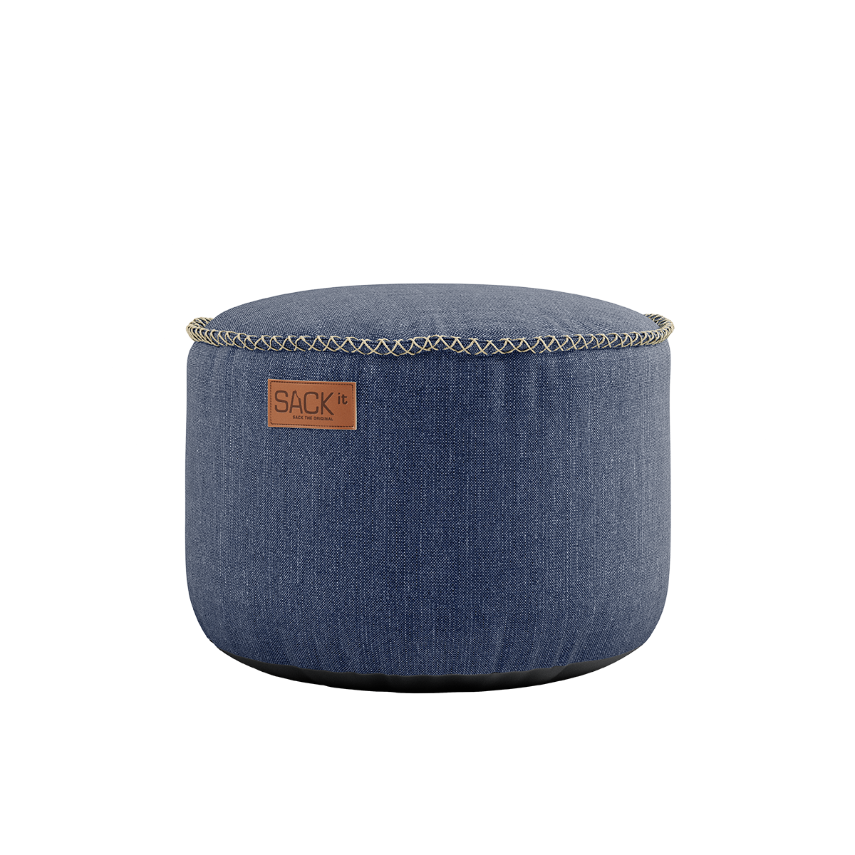 Rund puff i Kirra Indigo farget Cobana stoff med håndsydde sømmer, 50x35 cm.