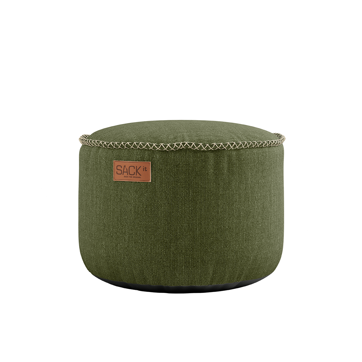 Rund Kirra Olive Cobana Pouf i stoff med håndsydde sømmer, brukt som puff eller fotskammel.