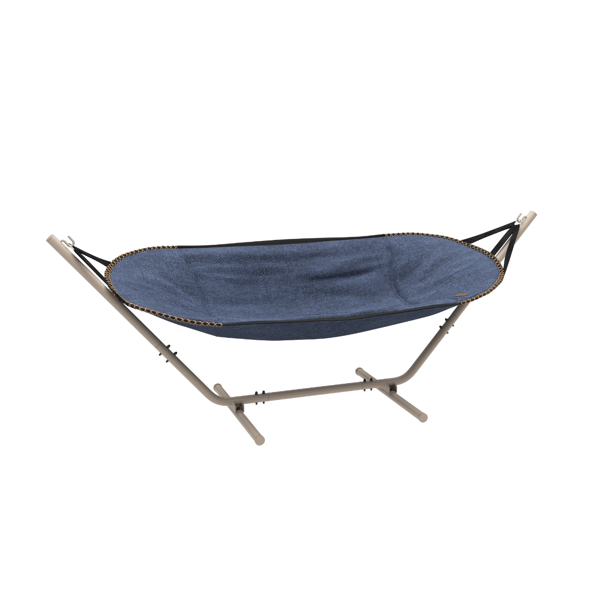 Cobana Hammock hengekøye i Kirra Indigo med taupe pulverlakkert aluminiumstativ.