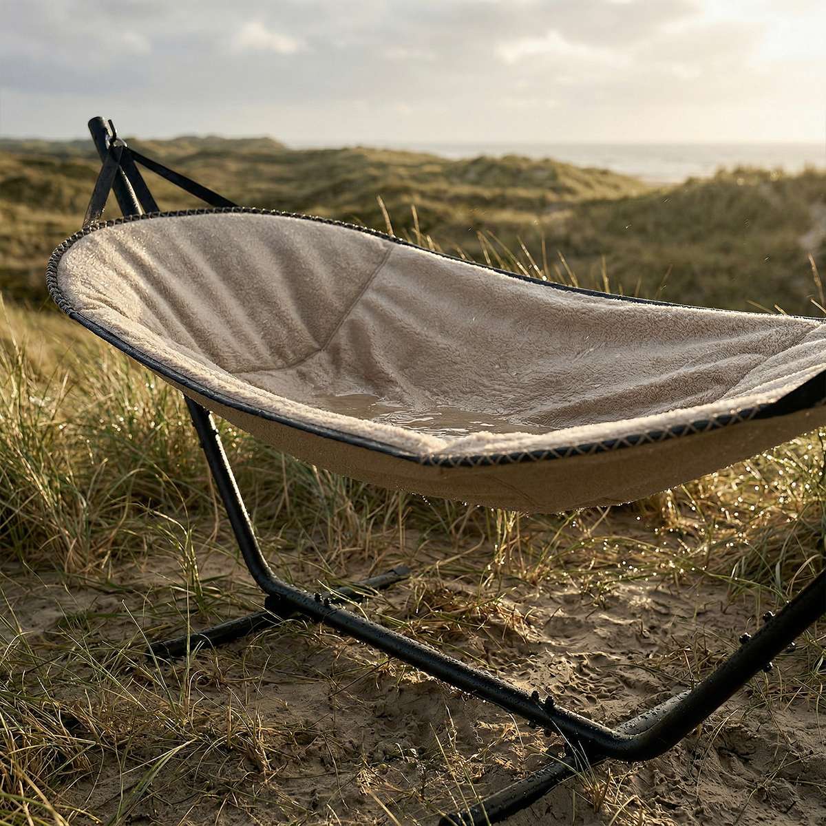 sackit Cobana hengekøye i lyst tekstil på sort stativ omgitt av marehalm og sanddyner ved kystenાન્ય