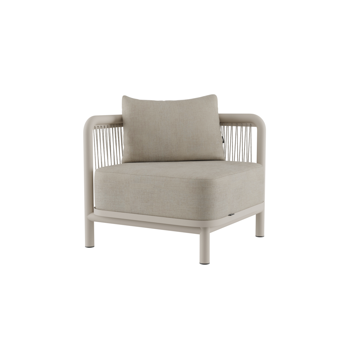 Kirra Lounge Sofa hjørnemodul i sandfarget olefin-tekstil med aluminiumsramme for utendørs bruk.