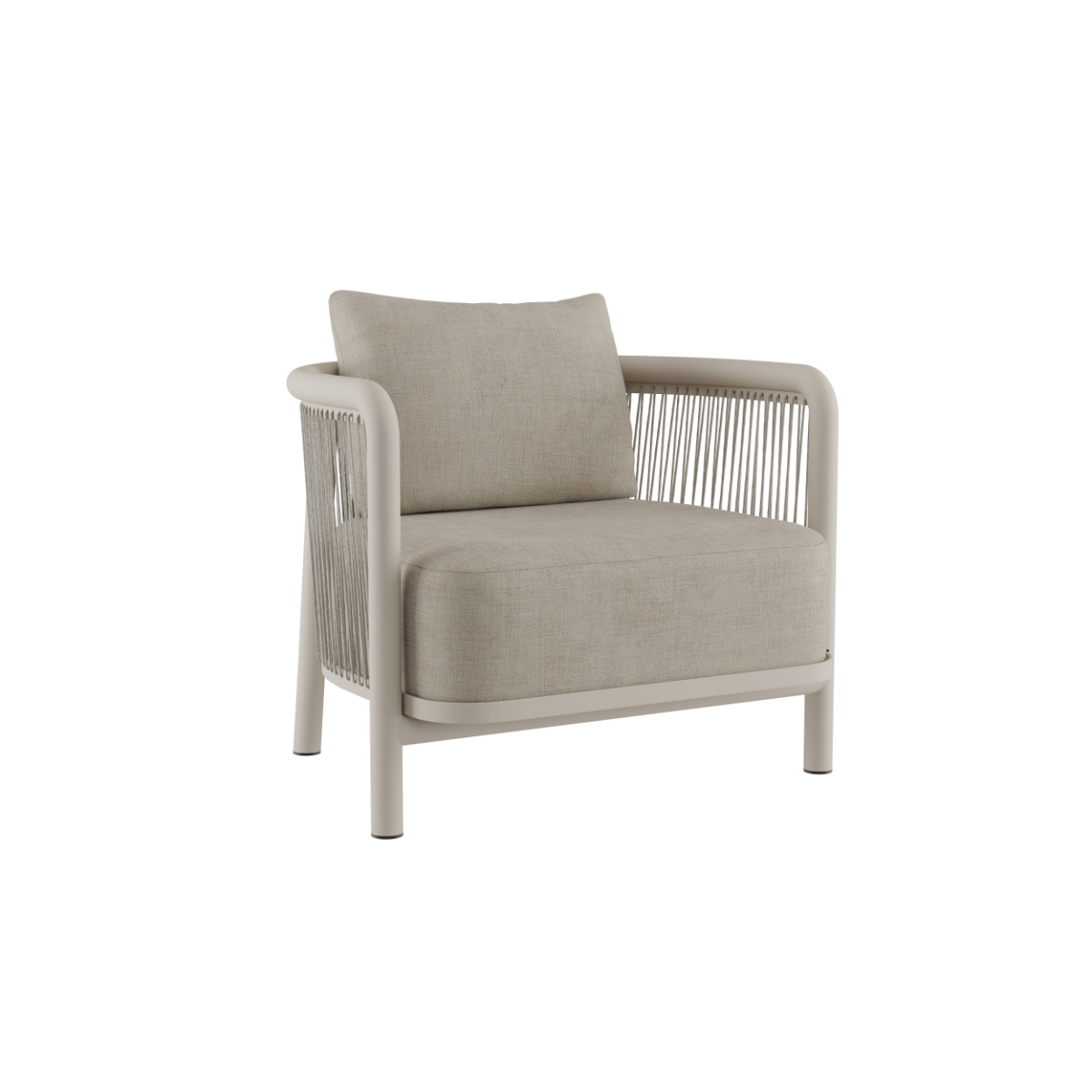 Kirra Lounge Chair i sandfarget olefin-tekstil med aluminiumsramme, utendørs lounge-stol.