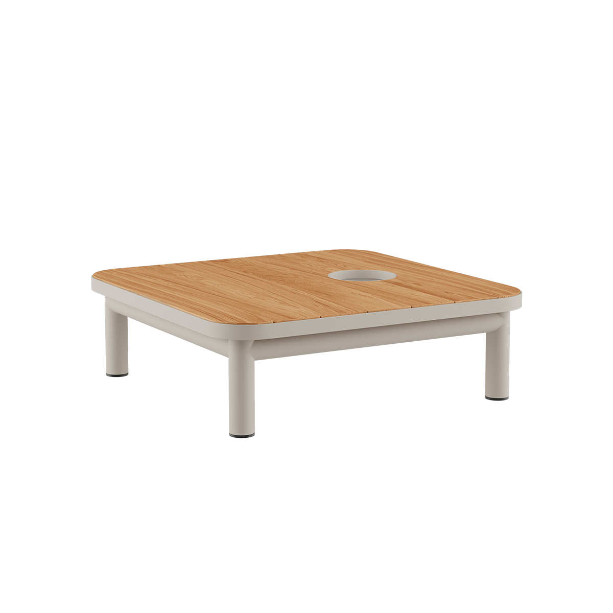 Kirra Side Table i taupe pulverlakkert aluminium med teakbordplate, utendørs sofabord uten accessory fit.