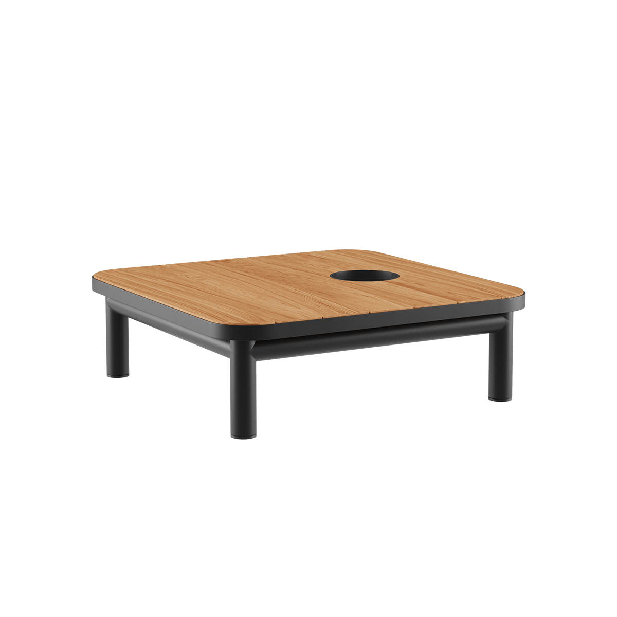 Kirra Side Table i svart med pulverlakkert aluminiumsramme og teak bordplate, utendørs sofabord.