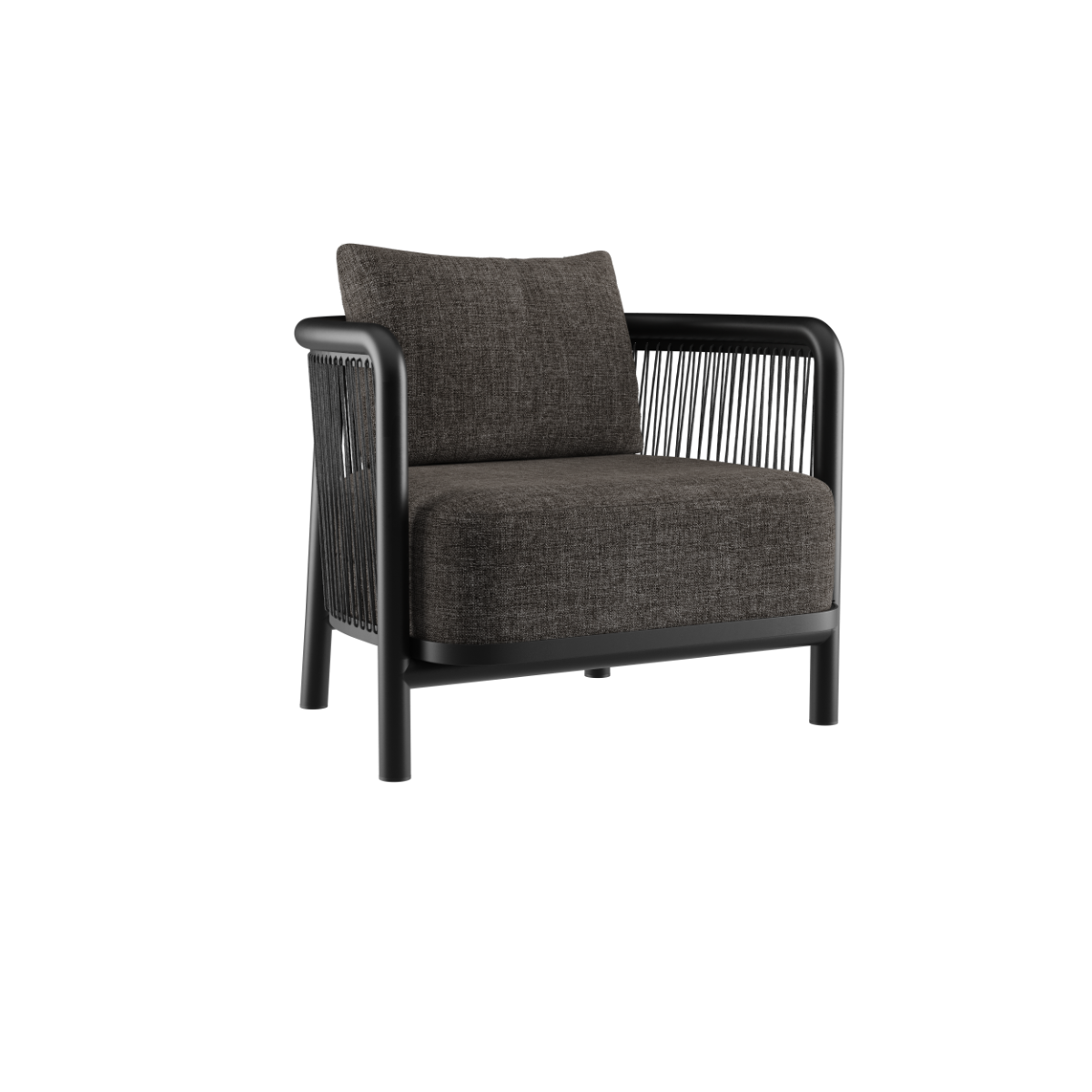 Kirra Lounge Chair i svart olefin-tekstil med aluminiumsramme, utendørs lounge-stol.