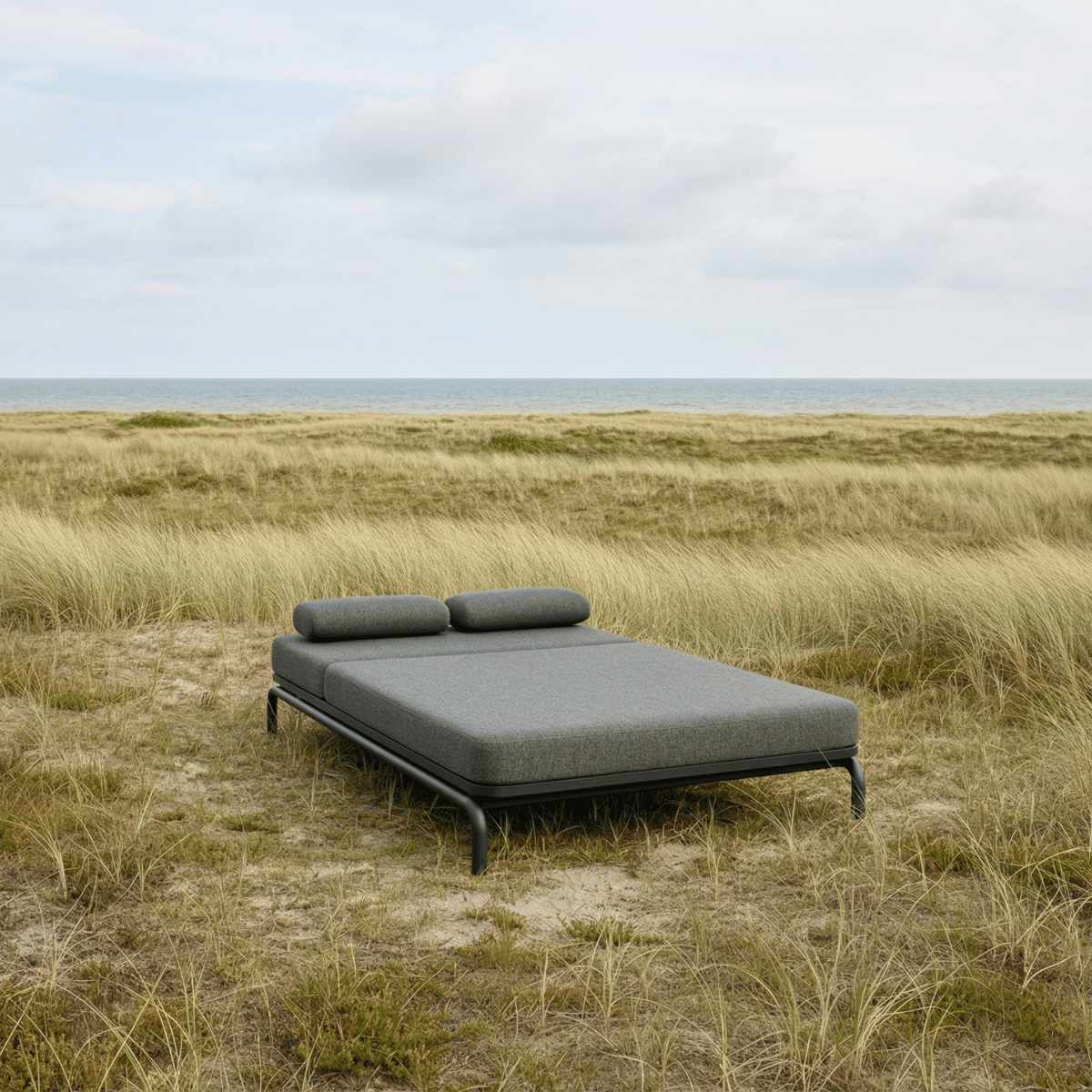 Kirra Double Sunbed i Kirra Sand med aluminiumsramme og vannavvisende olefin-tekstil, utendørs dobbel solseng.