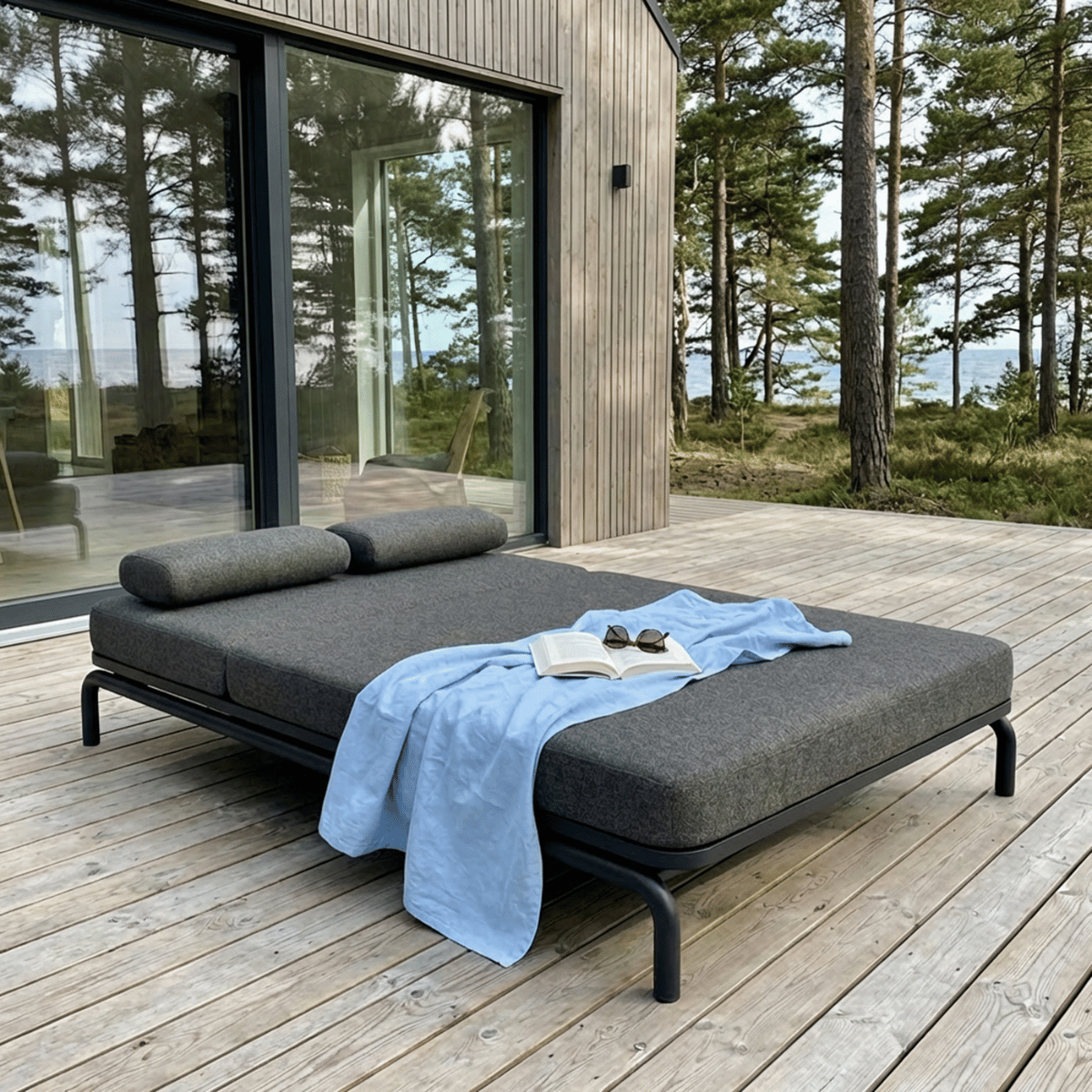 Kirra Double Sunbed i Kirra Sand med aluminiumsramme og vannavvisende olefin-tekstil utendørs.