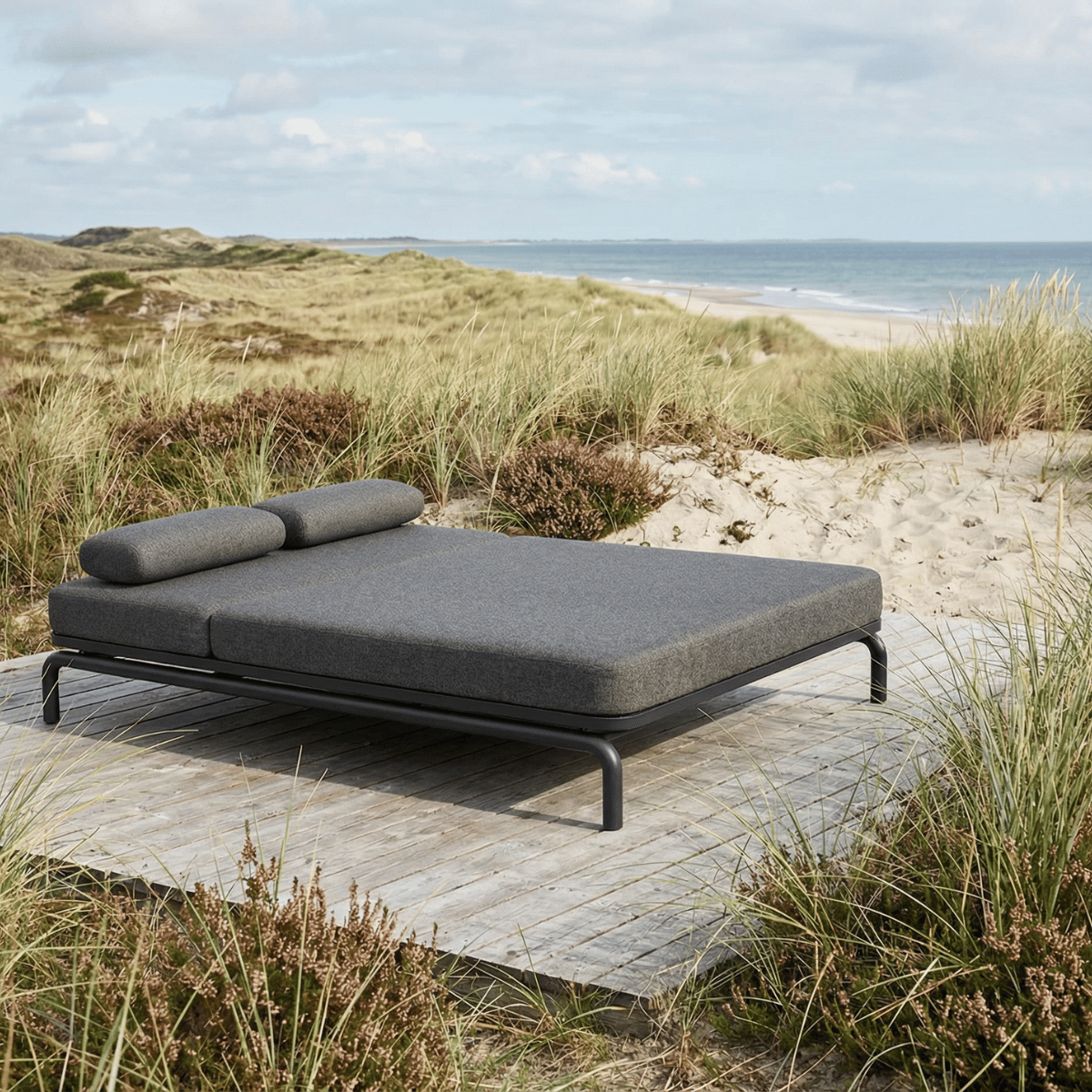 Kirra Double Sunbed i Kirra Sand, dobbel utendørs solseng med aluminiumsramme og lys olefin-tekstil.