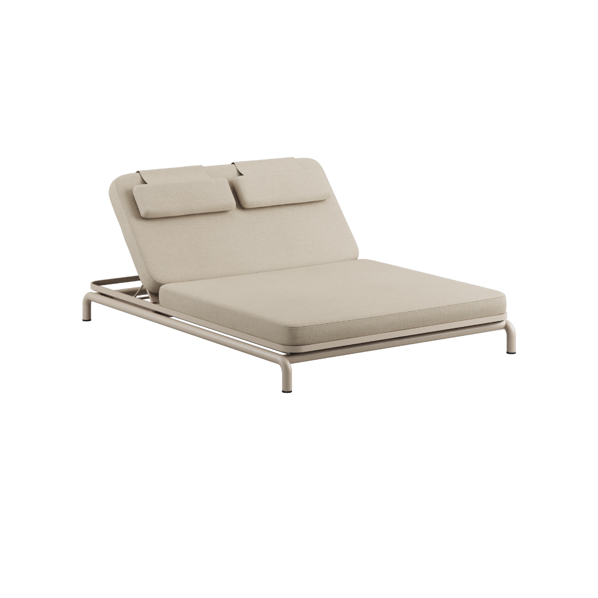 Kirra Double Sunbed i sandfarge med pulverlakkert aluminiumsramme og vannavvisende olefin-tekstil.