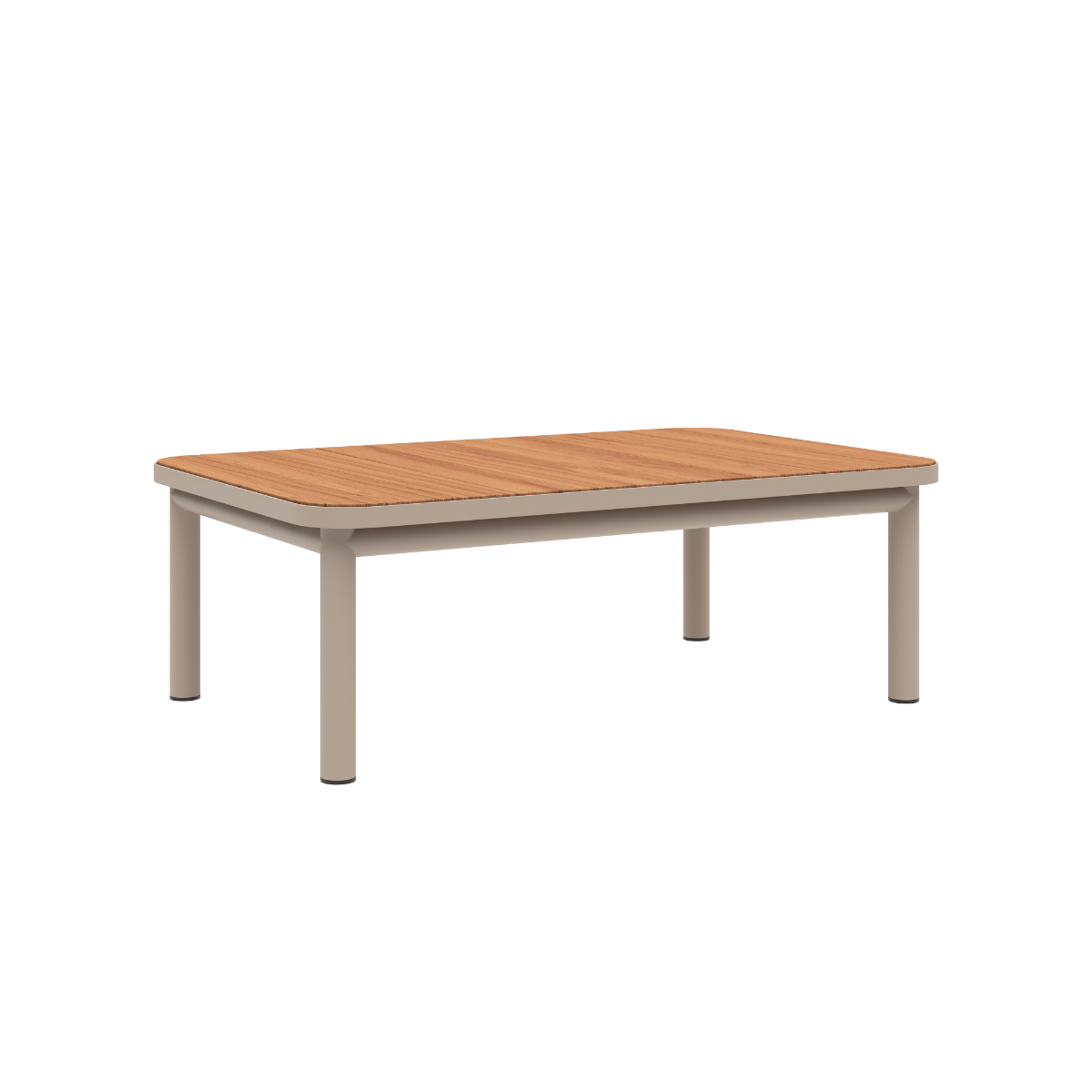 Kirra Coffee Table i taupe pulverlakkert aluminium med teak bordplate, utendørs sofabord uten tilbehør.