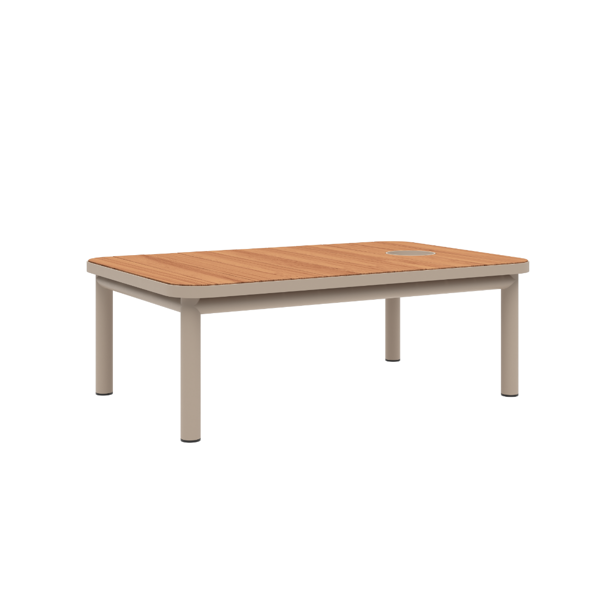 Kirra Coffee Table i taupe pulverlakkert aluminium med teakbordplate og tilbehør montert, utendørs sofabord.