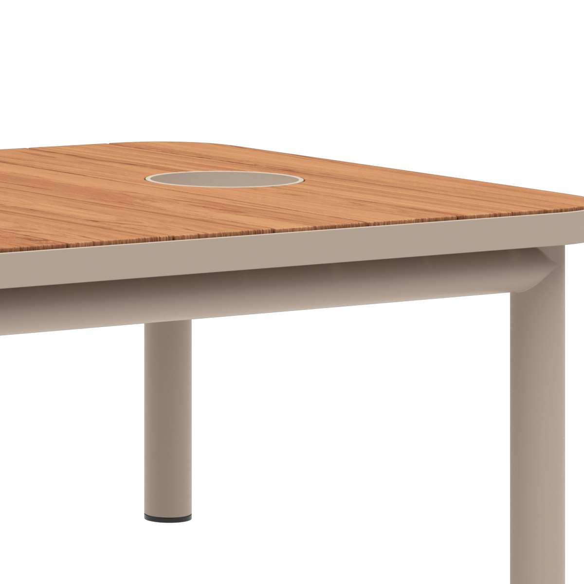 Kirra Coffee Table i taupe pulverlakkert aluminium med teak bordplate, utendørs sofabord uten accessory fit.
