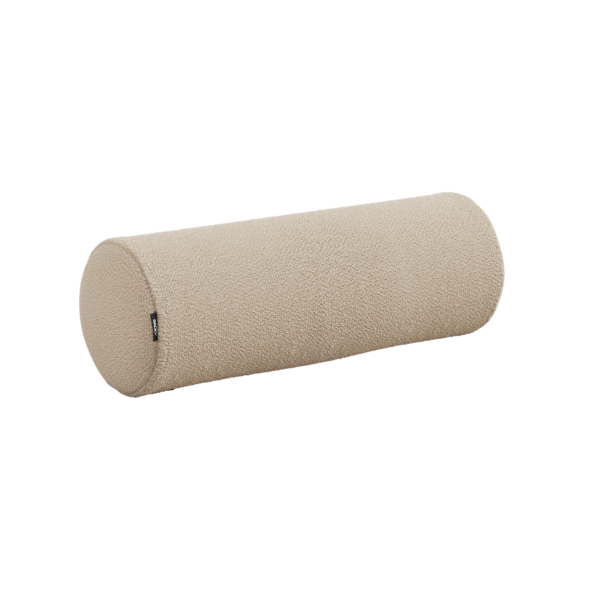 Outdoor Cushion bolsterpute i boucle beige for utendørs sofa, rund form og mykt materiale.
